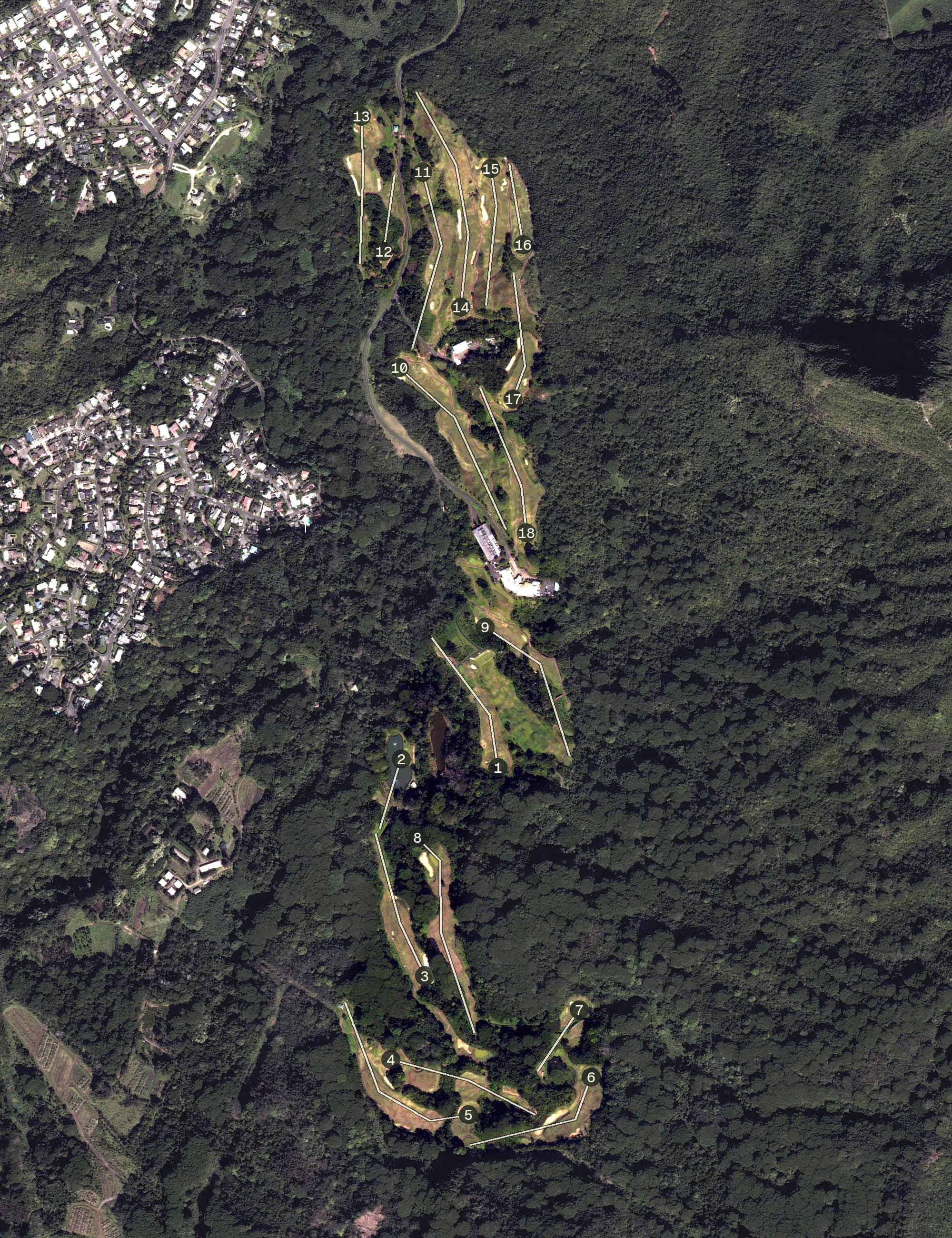 Aerial view of Royal Hawaiian Golf Club, HI, with its hole routing marked