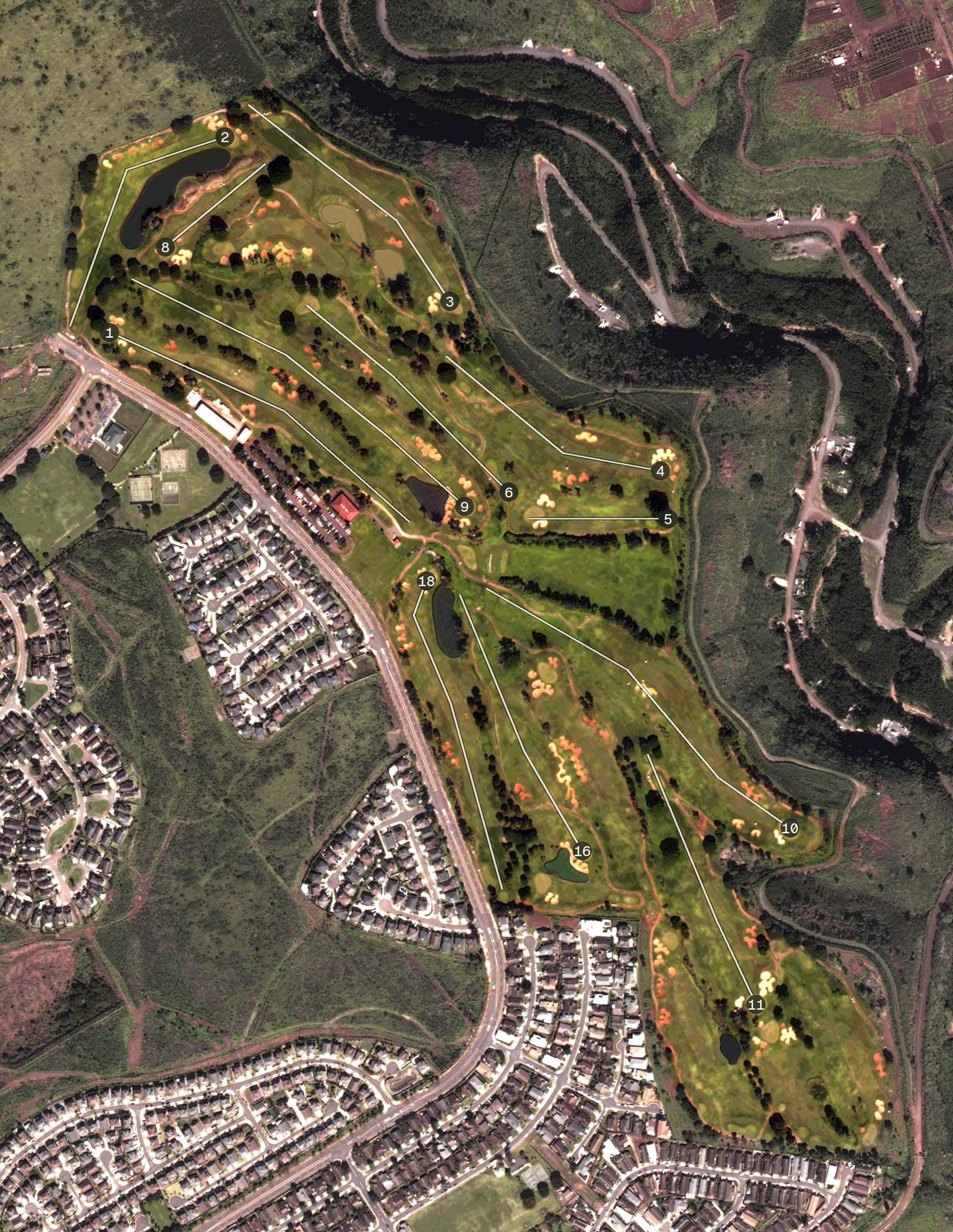 Aerial view of Royal Kunia Country Club, HI, with its hole routing marked