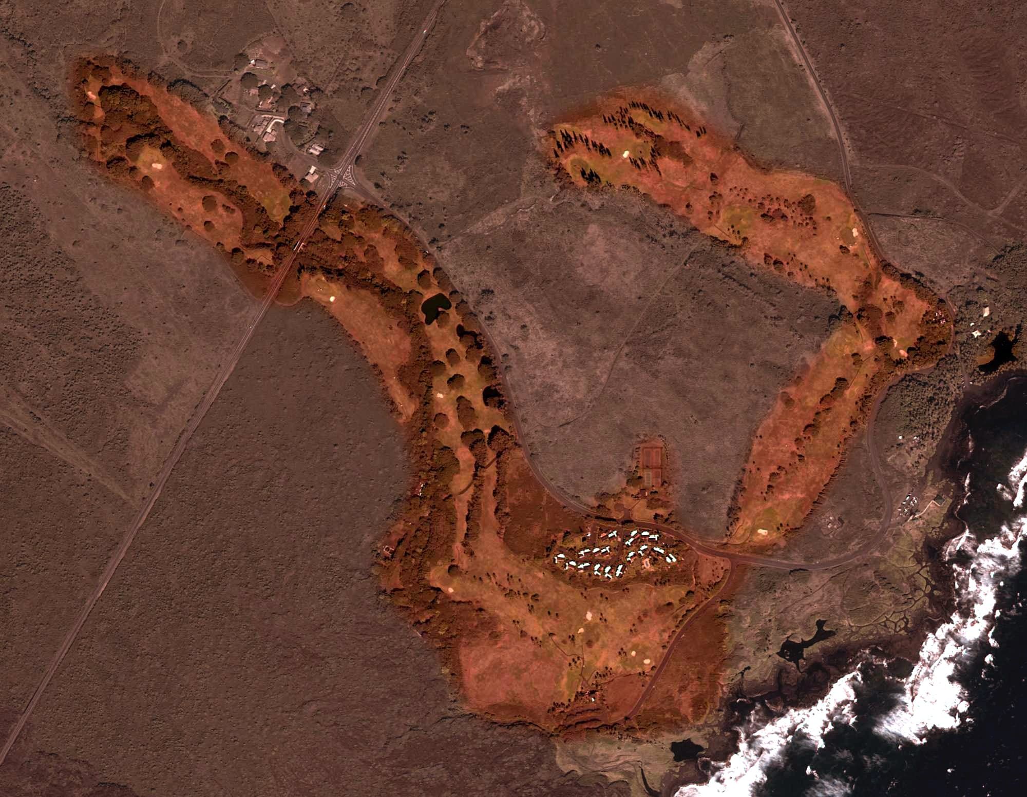 Aerial view of Sea Mountain Golf Club, HI, with its hole routing marked