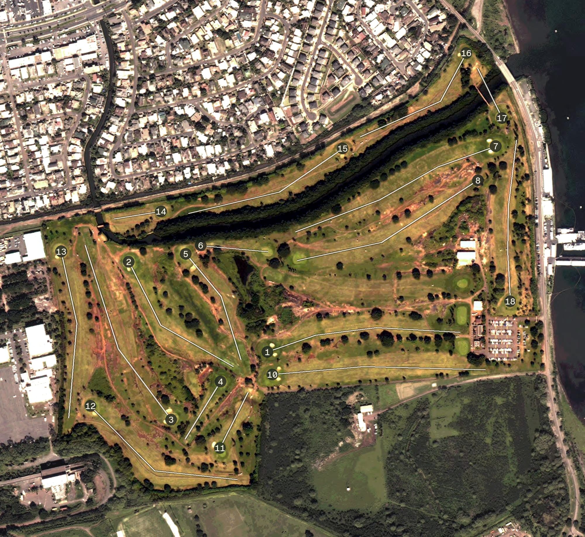 Aerial view of Ted Makalena Golf Course, HI, with its hole routing marked
