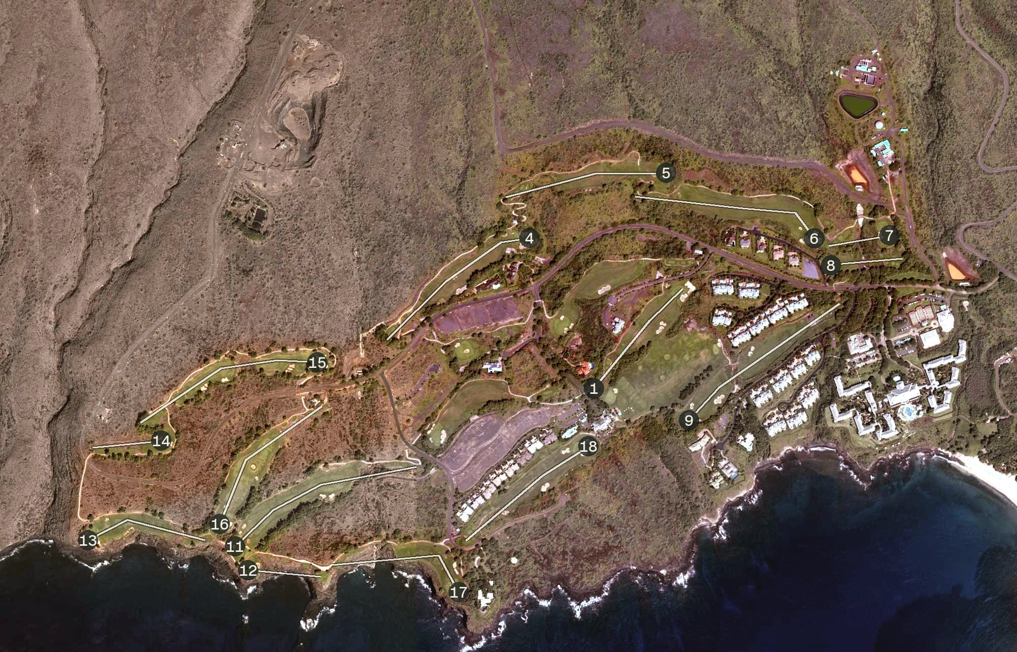 Aerial view of The Challenge at Manele, HI, with its hole routing marked