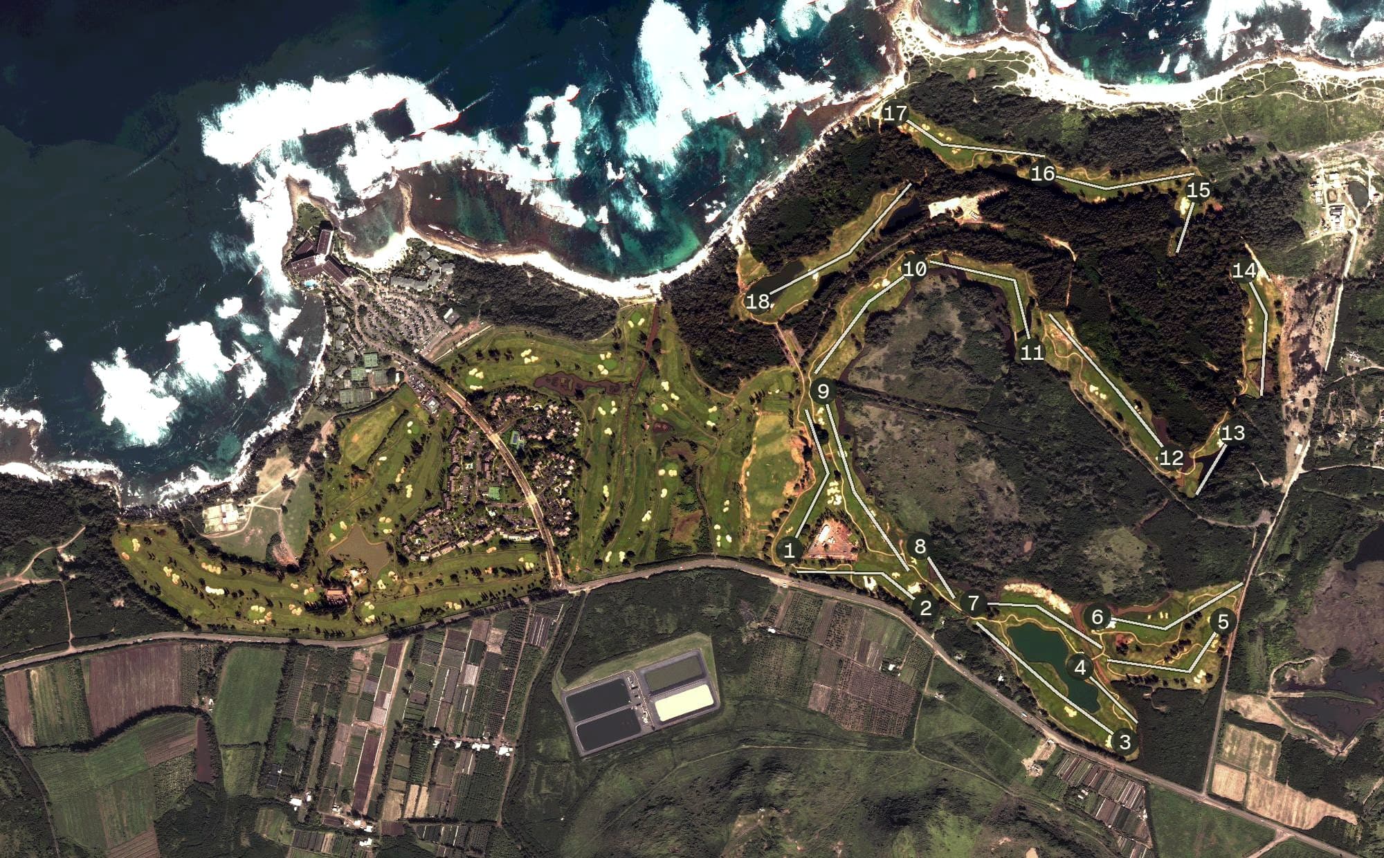 Aerial view of Turtle Bay Golf, HI, with its hole routing marked