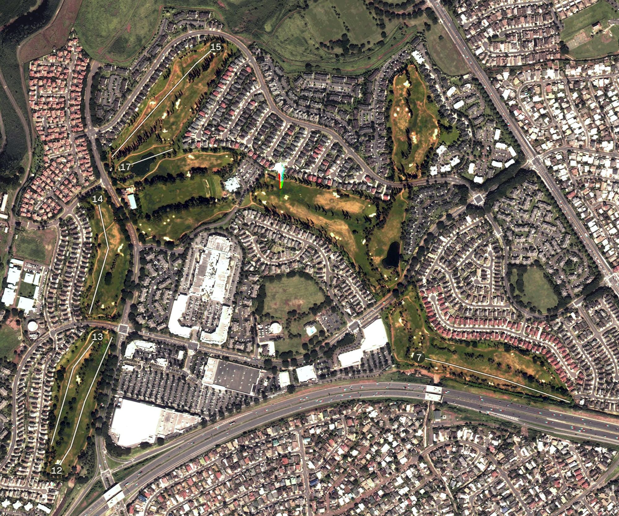 Aerial view of Waikele Golf Club, HI, with its hole routing marked