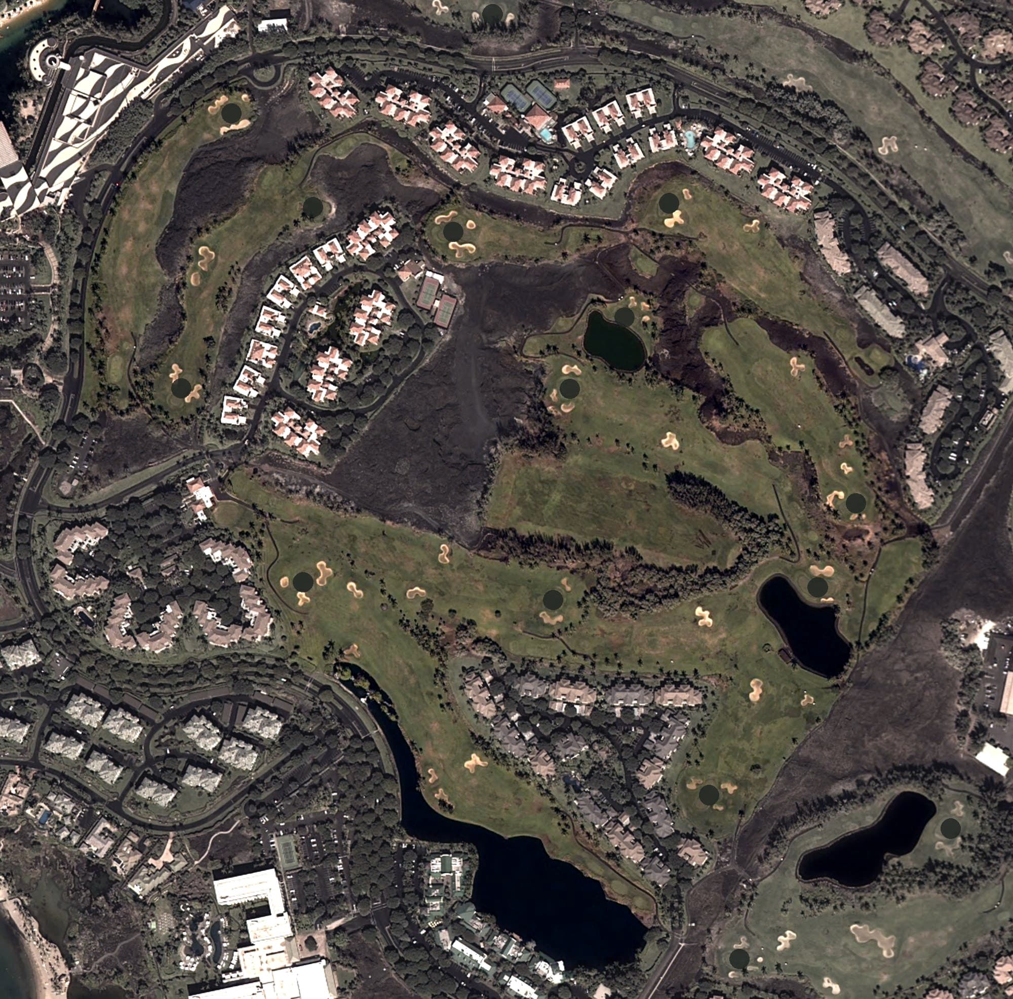 Aerial view of Waikoloa Beach Course, HI, with its hole routing marked