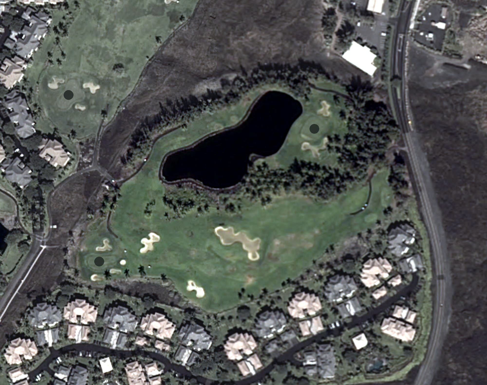 Aerial view of Waikoloa Beach Course, HI, with its hole routing marked