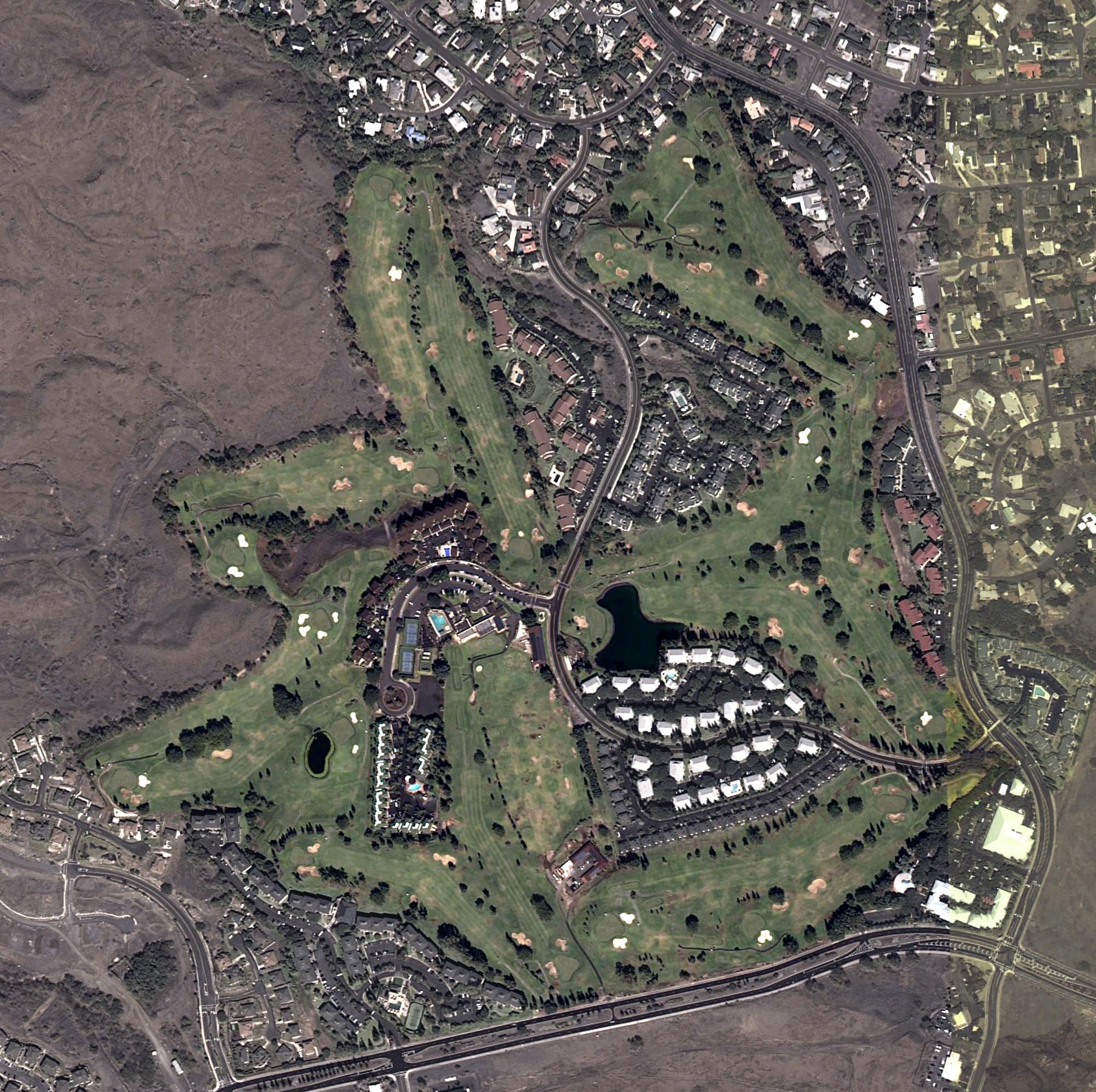 Aerial view of Waikoloa Village Golf Club, HI, with its hole routing marked