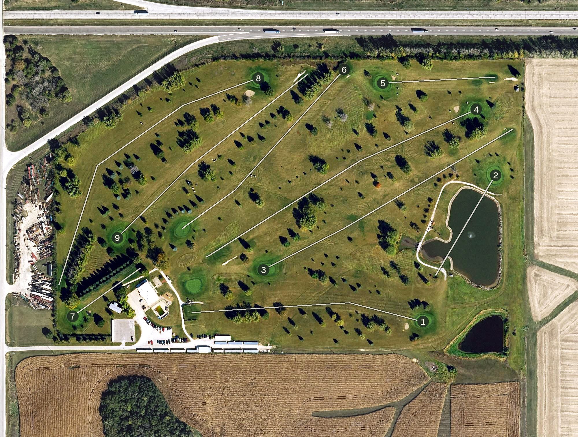Aerial view of 5 by 80 Golf and Country Club, IA, with its hole routing marked