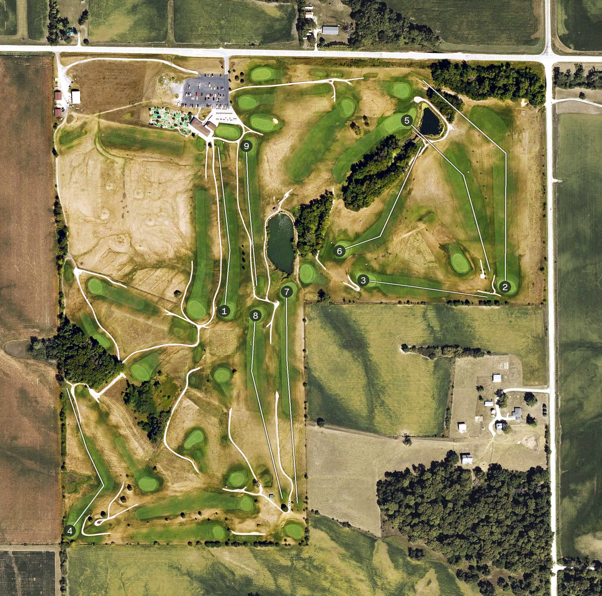Aerial view of Airport National Golf Course, IA, with its hole routing marked