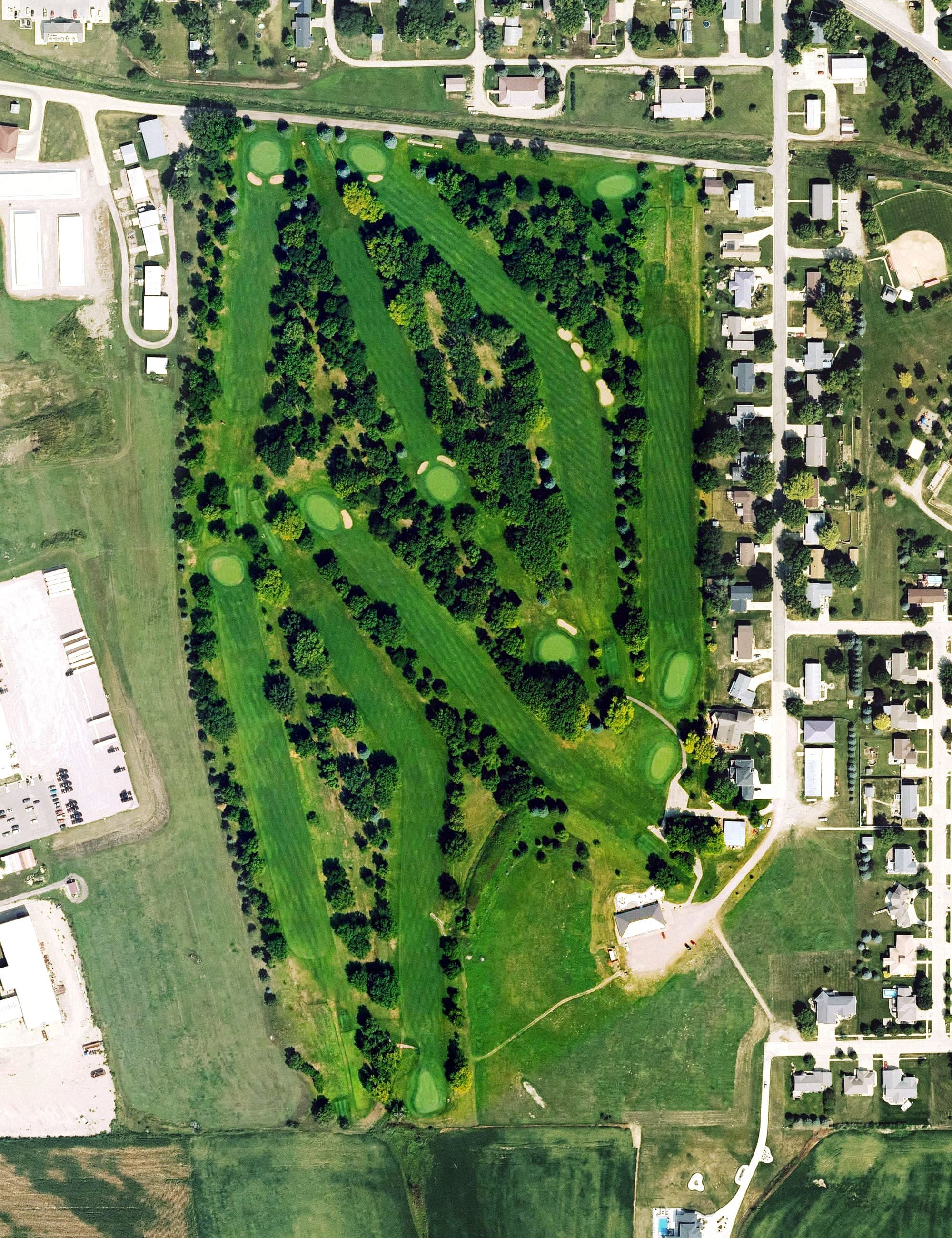 Aerial view of Akron Golf Club, IA, with its hole routing marked