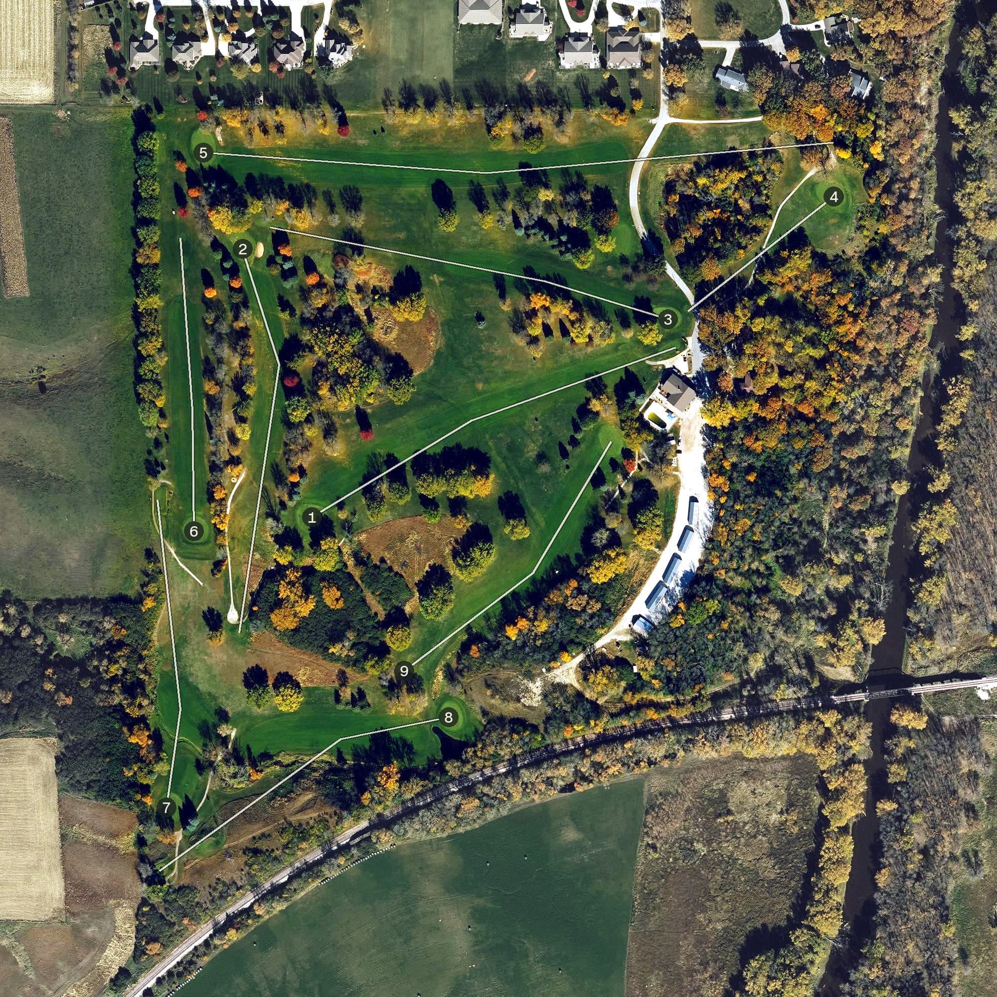 Aerial view of Algona Country Club, IA, with its hole routing marked