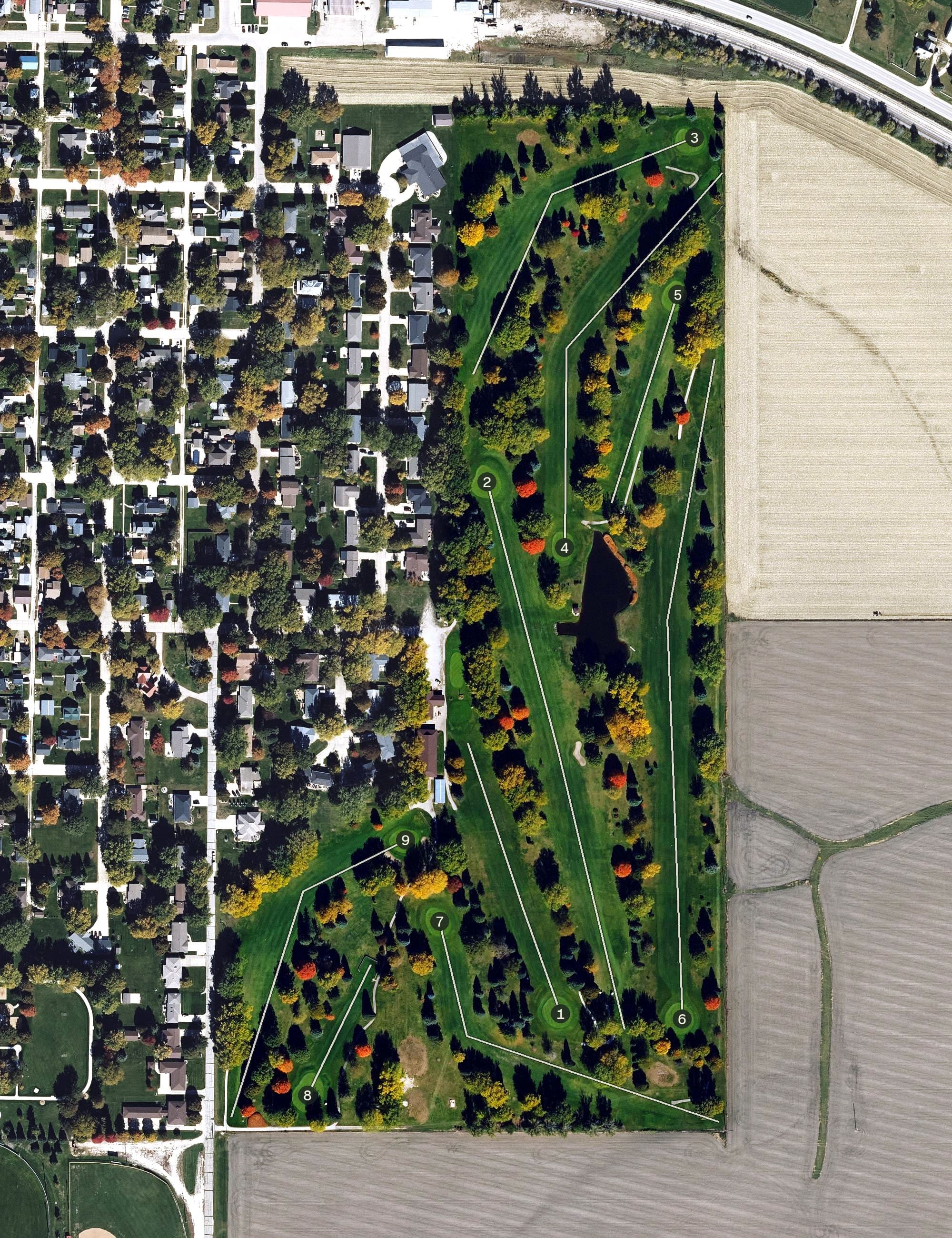 Aerial view of Alta Golf and Country Club, IA, with its hole routing marked