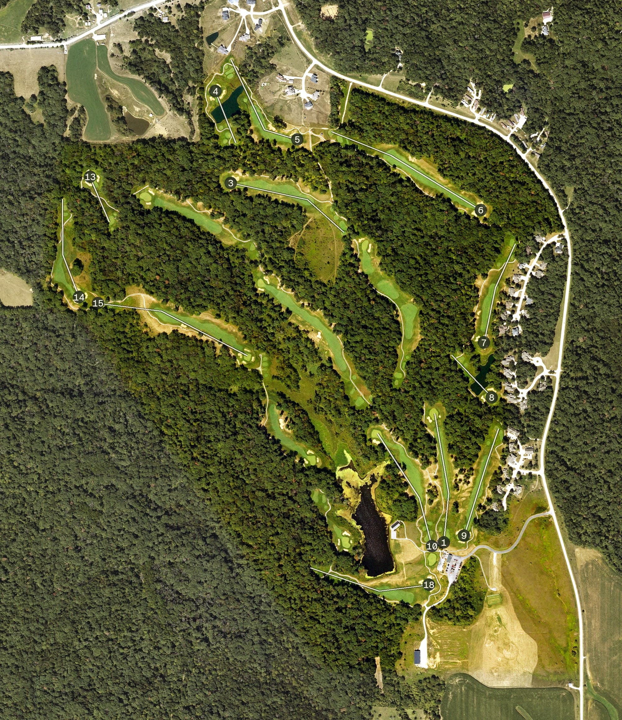Aerial view of Amana Colonies Golf Course, IA, with its hole routing marked