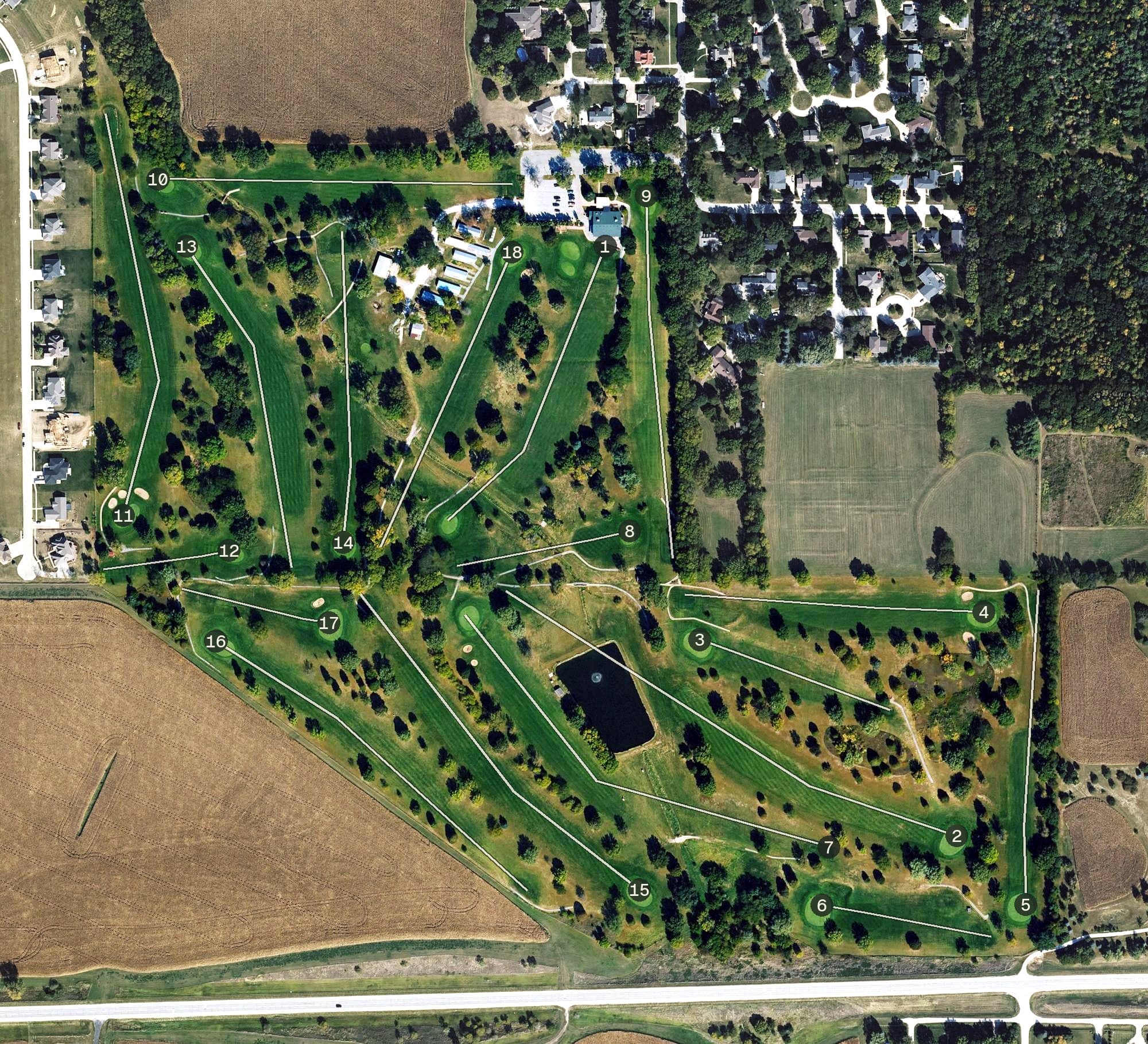 Aerial view of American Legion Country Club, IA, with its hole routing marked