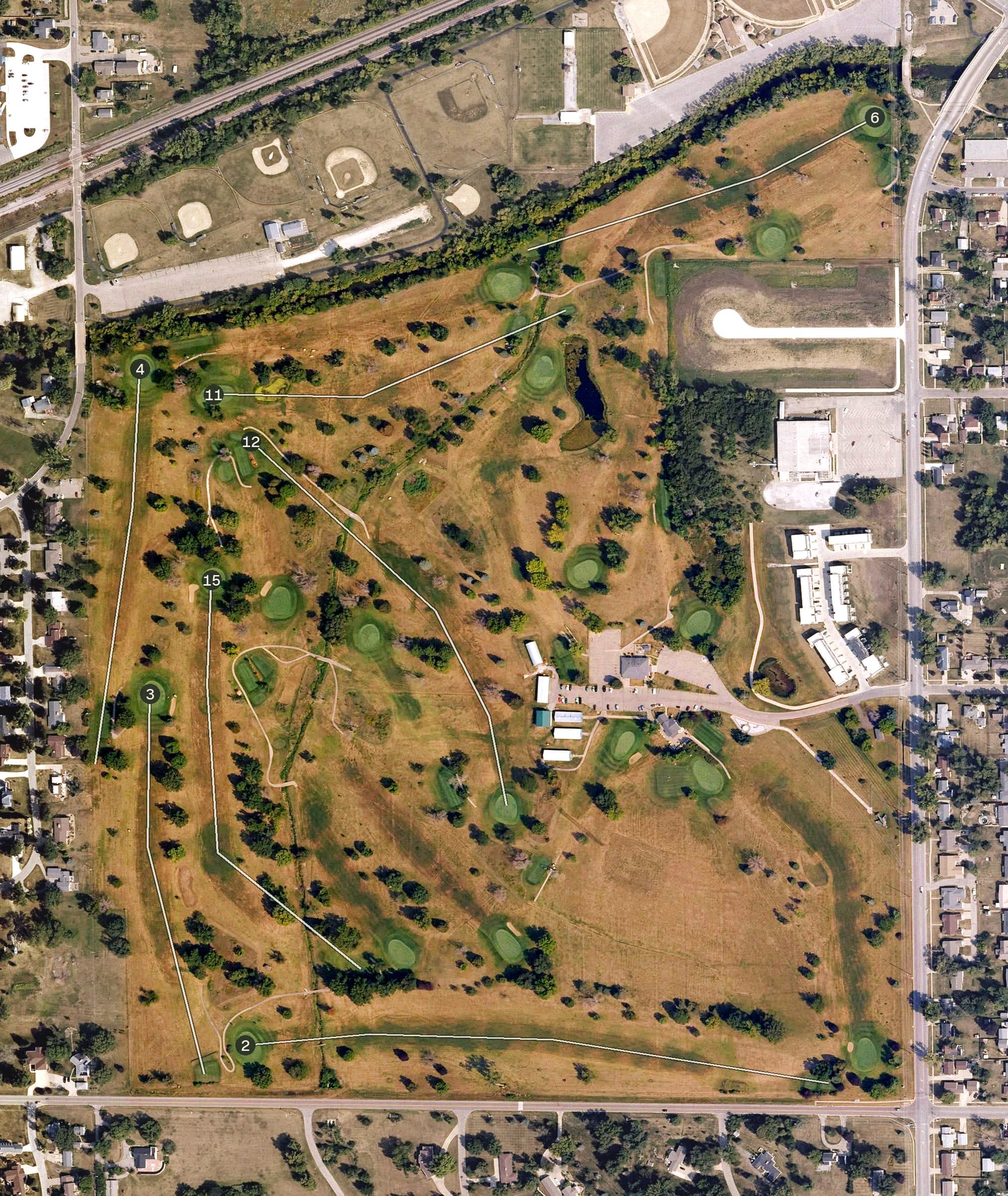 Aerial view of American Legion Golf Course, IA, with its hole routing marked