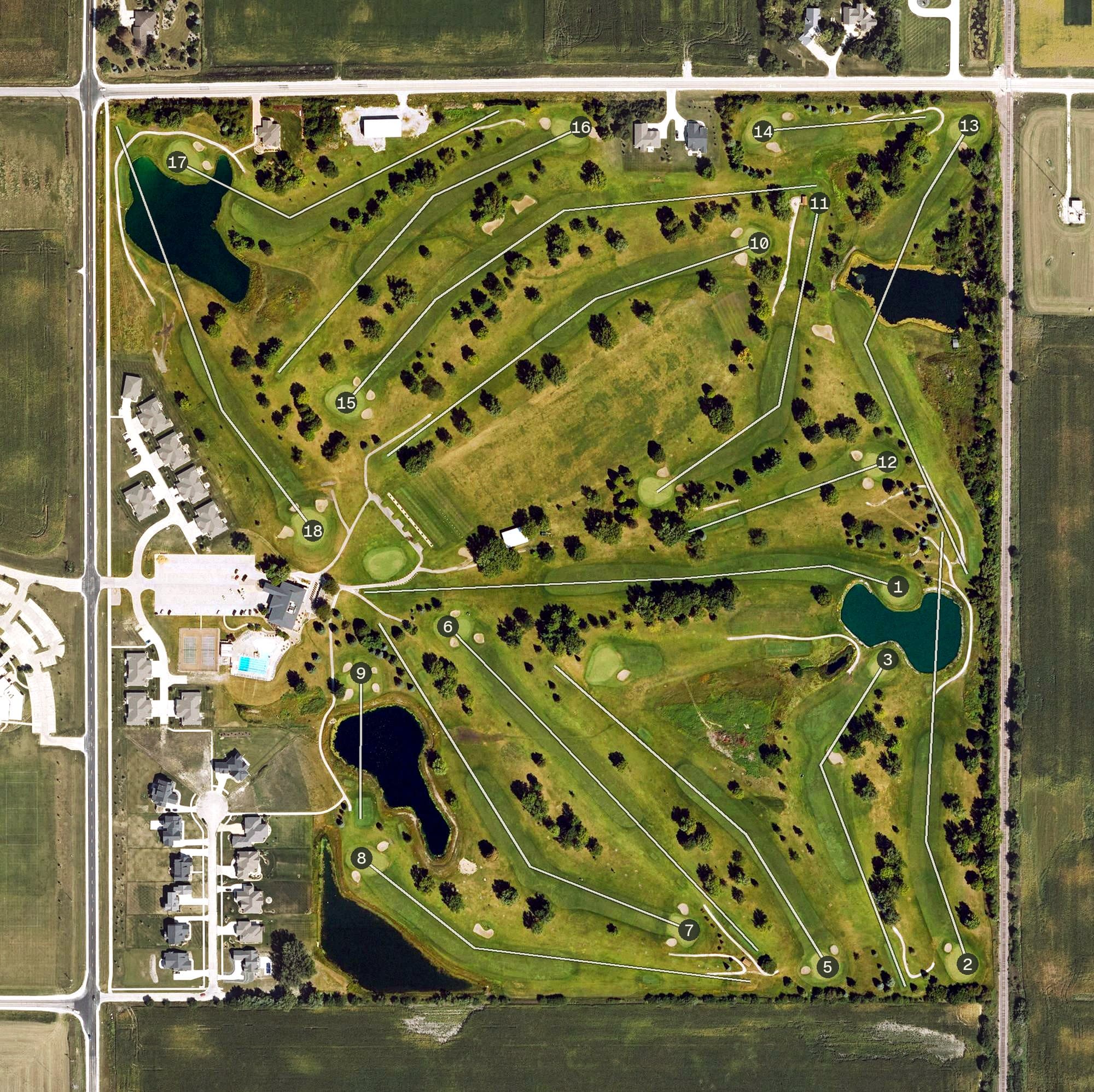 Aerial view of Ames Golf & Country Club, IA, with its hole routing marked