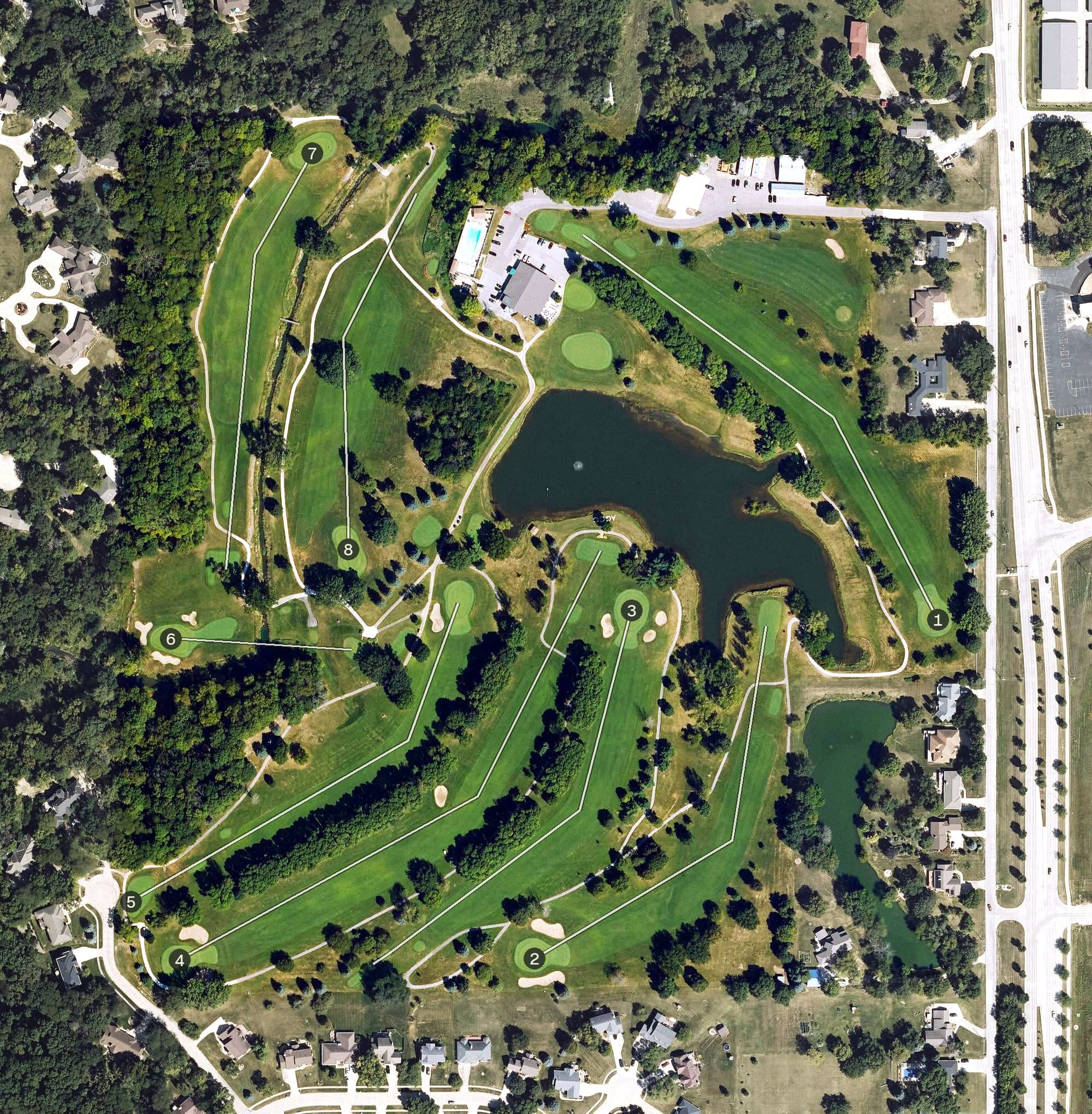 Aerial view of Ankeny Golf and Country Club, IA, with its hole routing marked