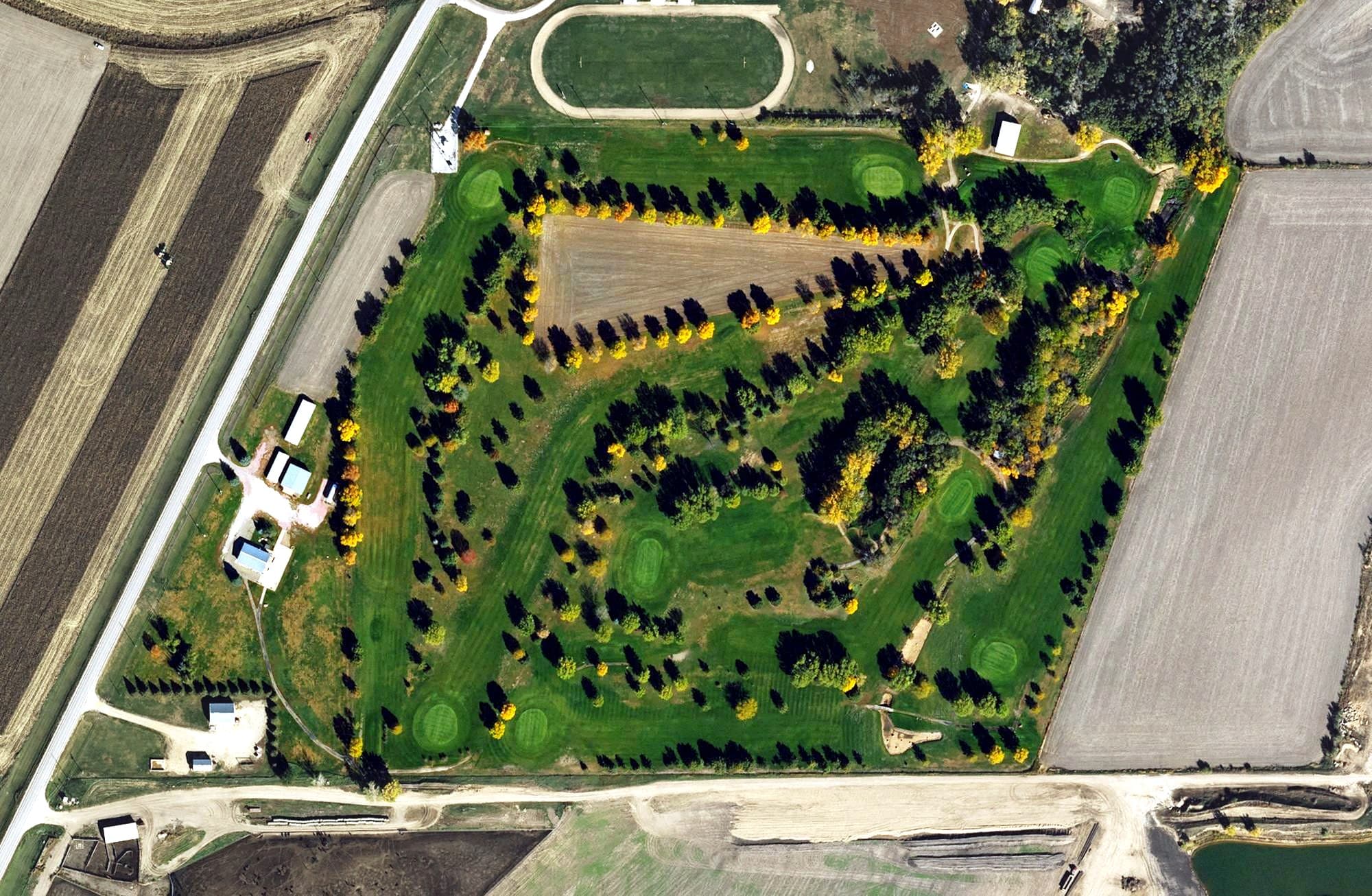 Aerial view of Anthon Golf Club, IA, with its hole routing marked