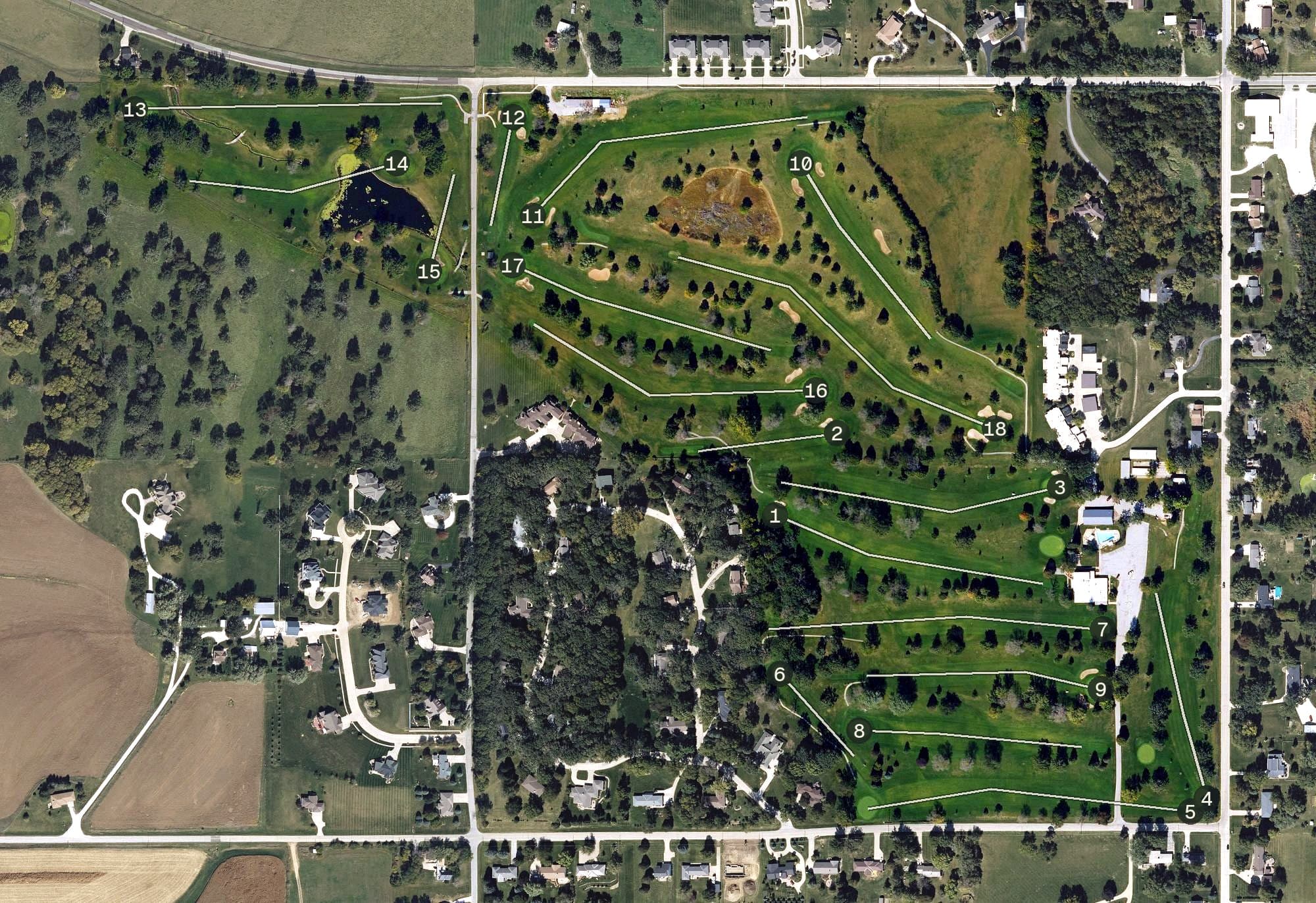 Aerial view of Atlantic Golf & Country Club, IA, with its hole routing marked
