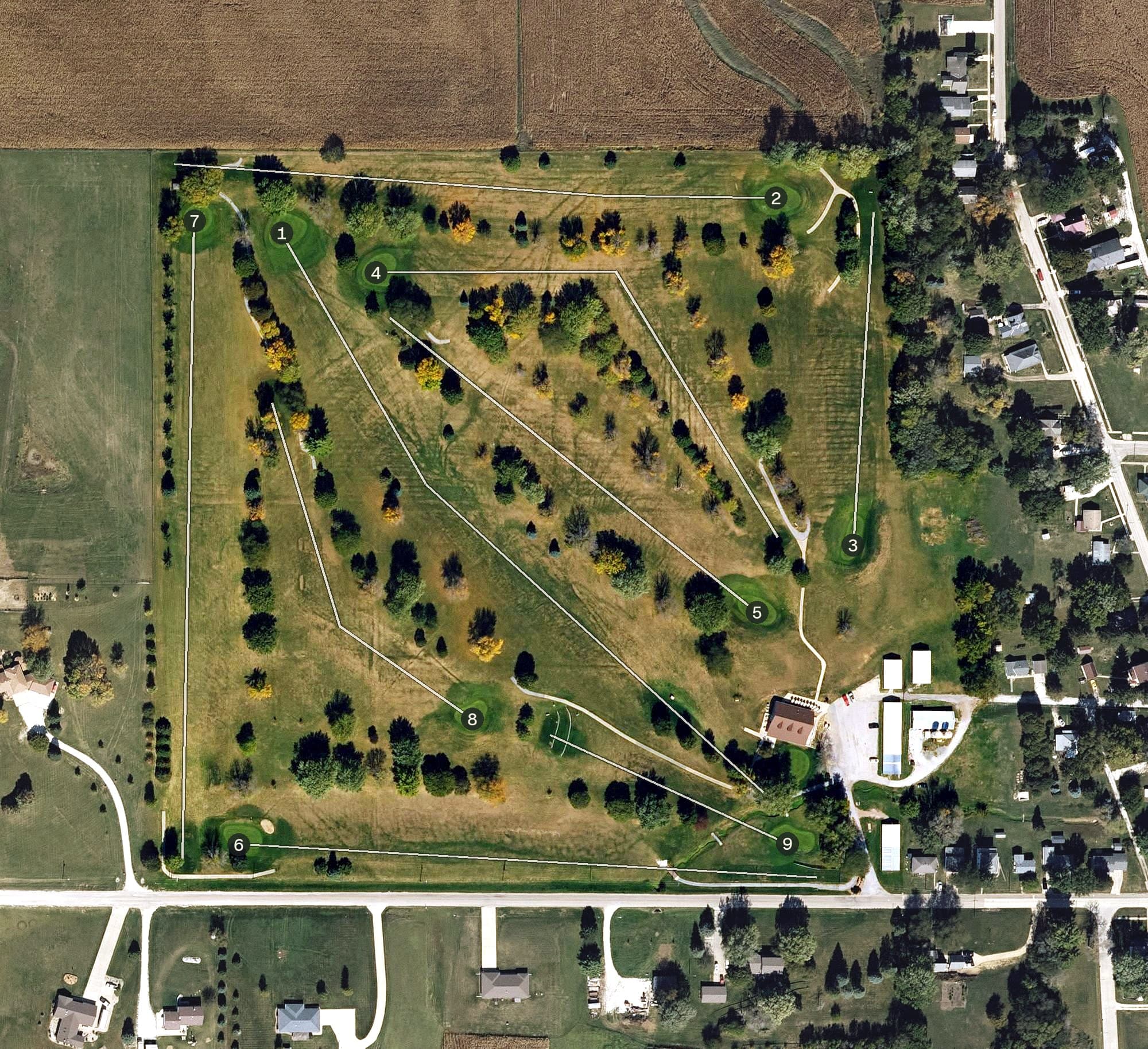 Aerial view of Audubon Golf and Country Club, IA, with its hole routing marked