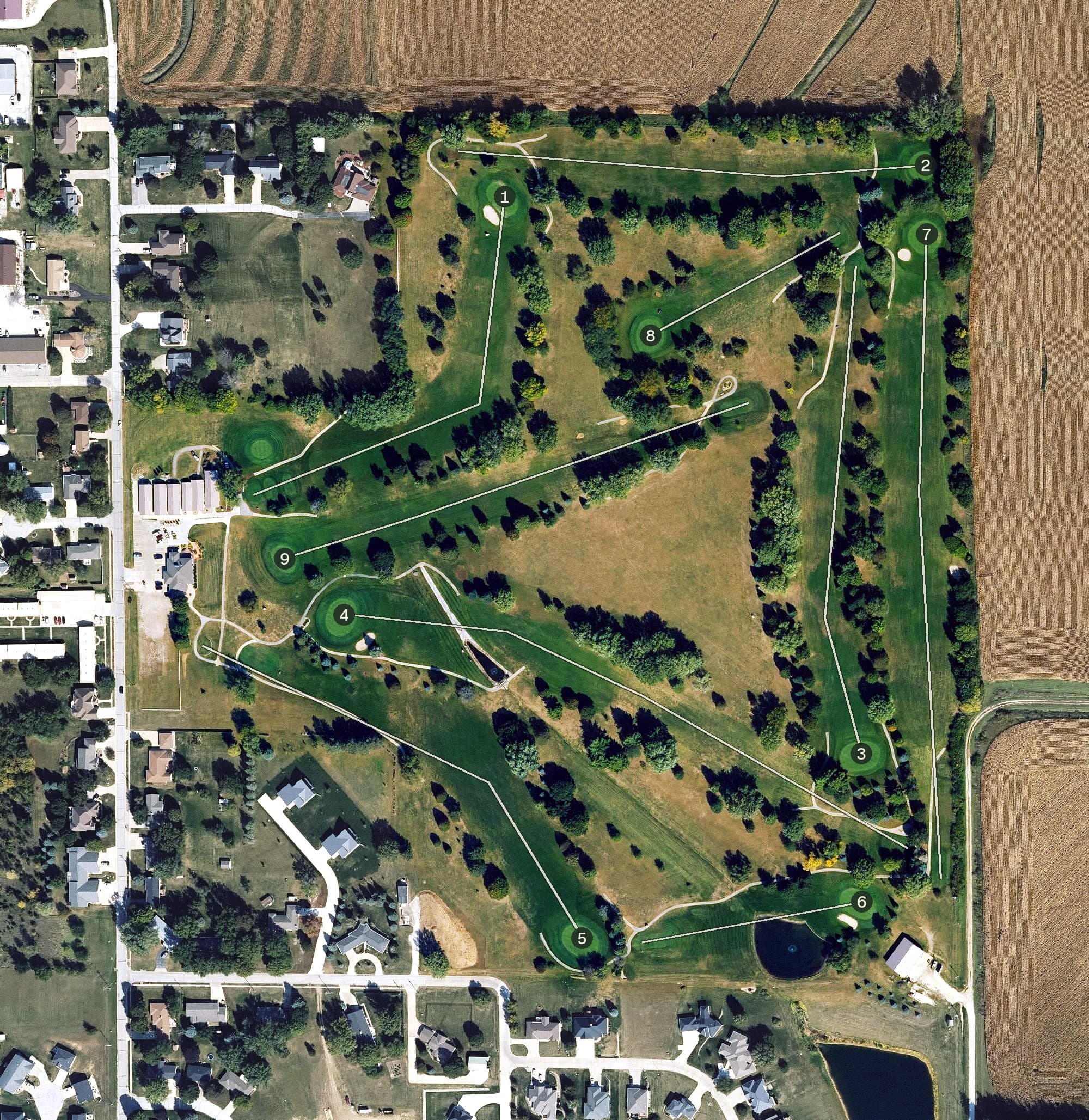 Aerial view of Avoca Golf Club, IA, with its hole routing marked