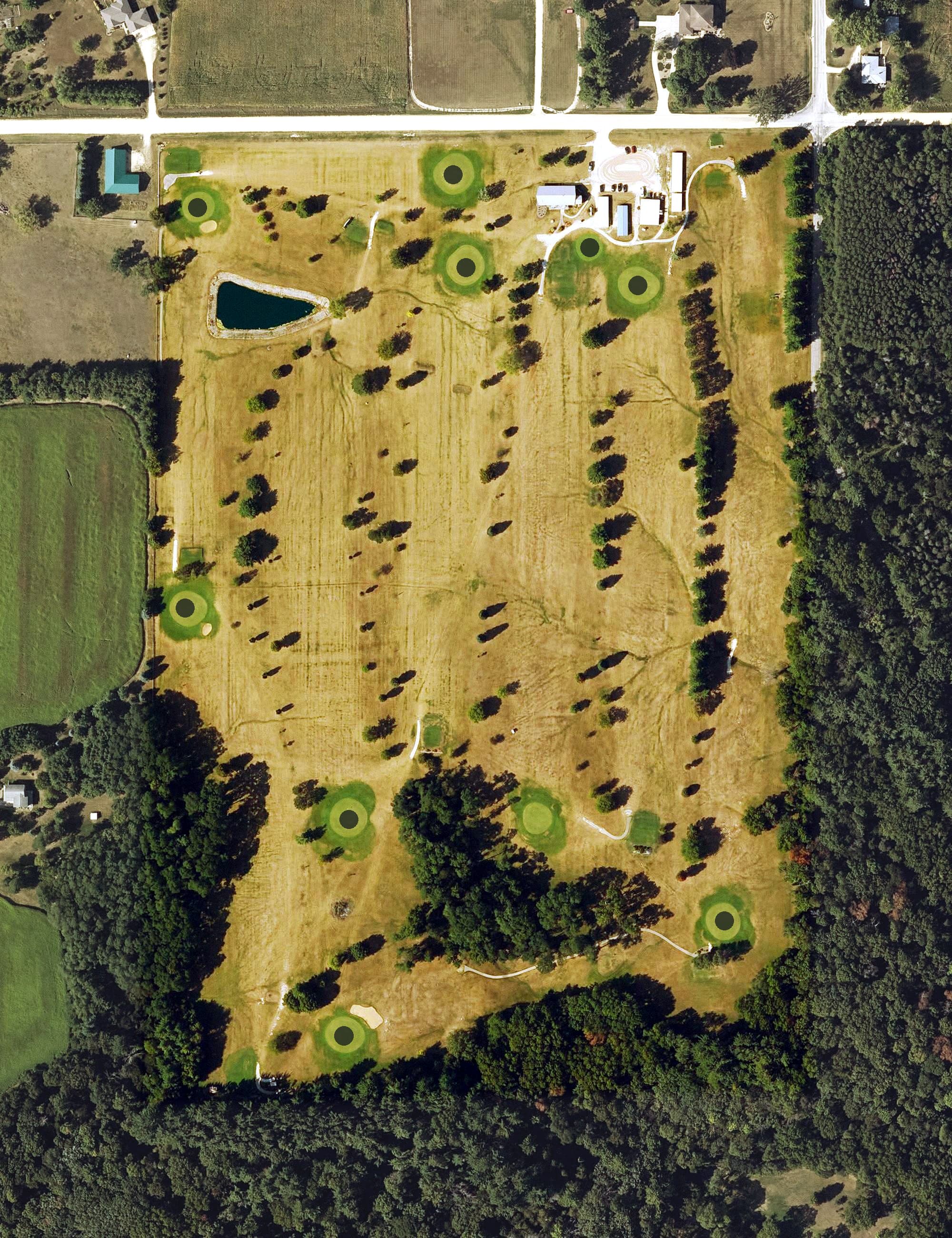 Aerial view of Backbone Golf and Country Club, IA, with its hole routing marked