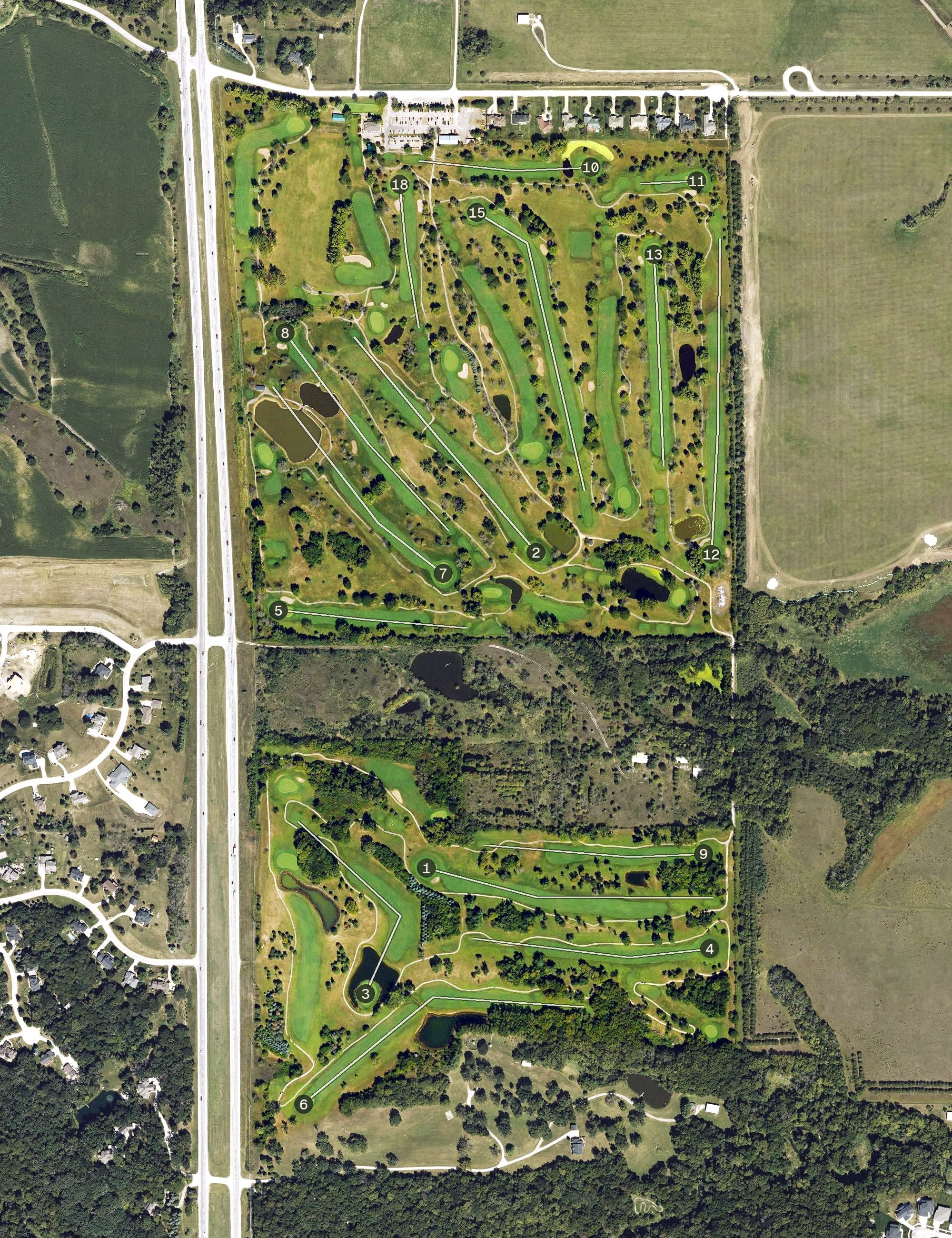 Aerial view of Beaver Creek Golf Club, IA, with its hole routing marked