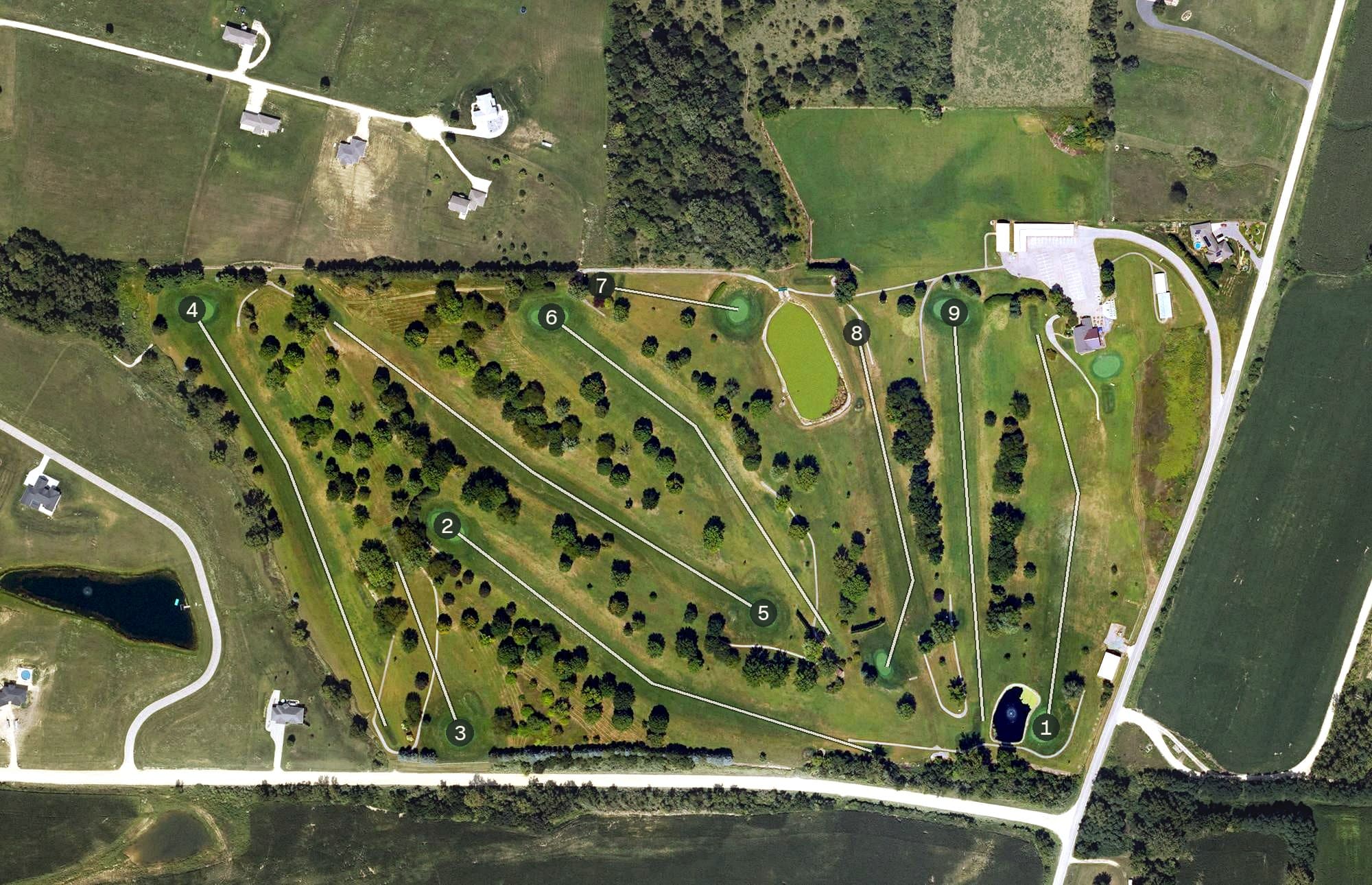 Aerial view of Bellevue Golf Club, IA, with its hole routing marked