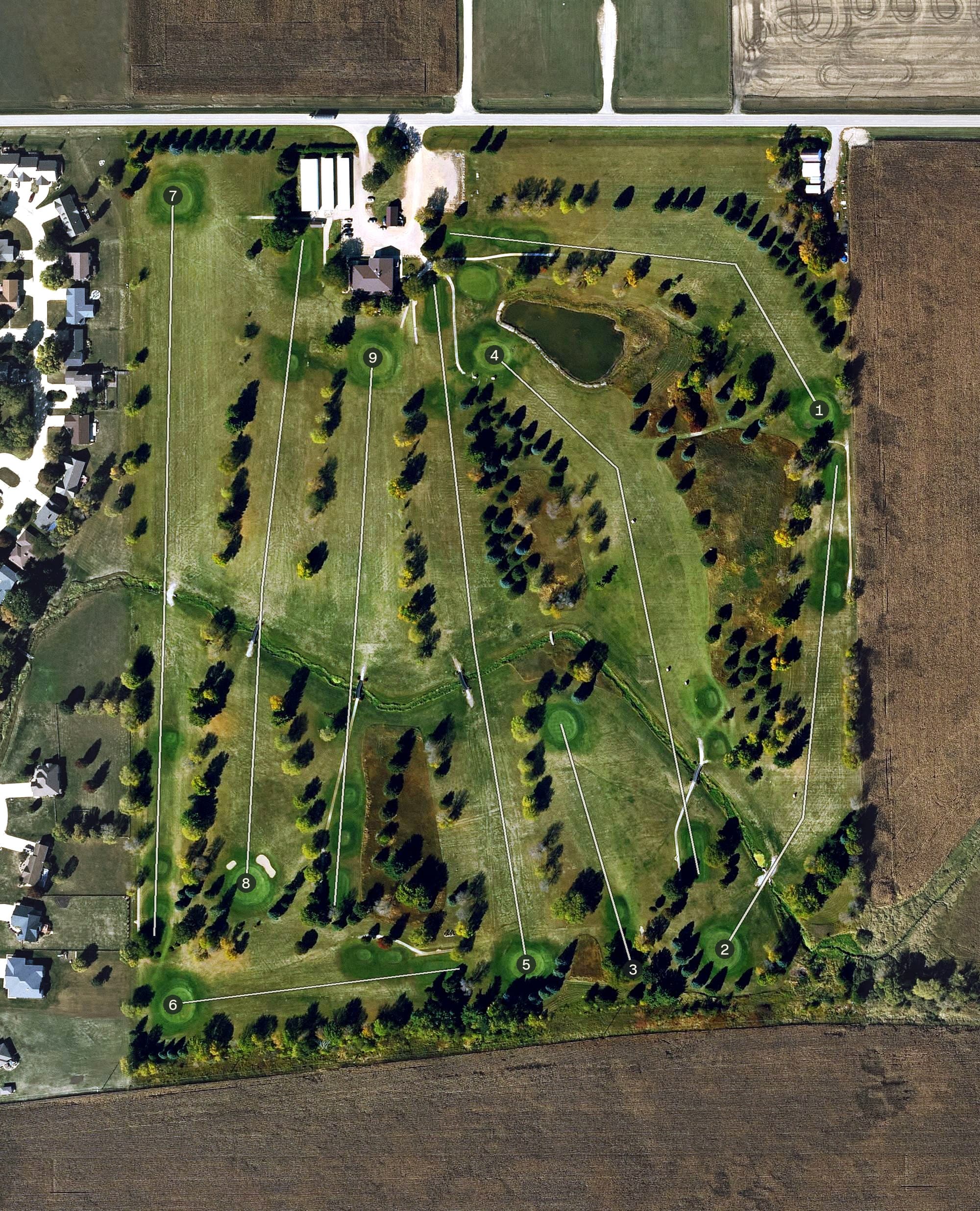Aerial view of Belmond Country Club, IA, with its hole routing marked