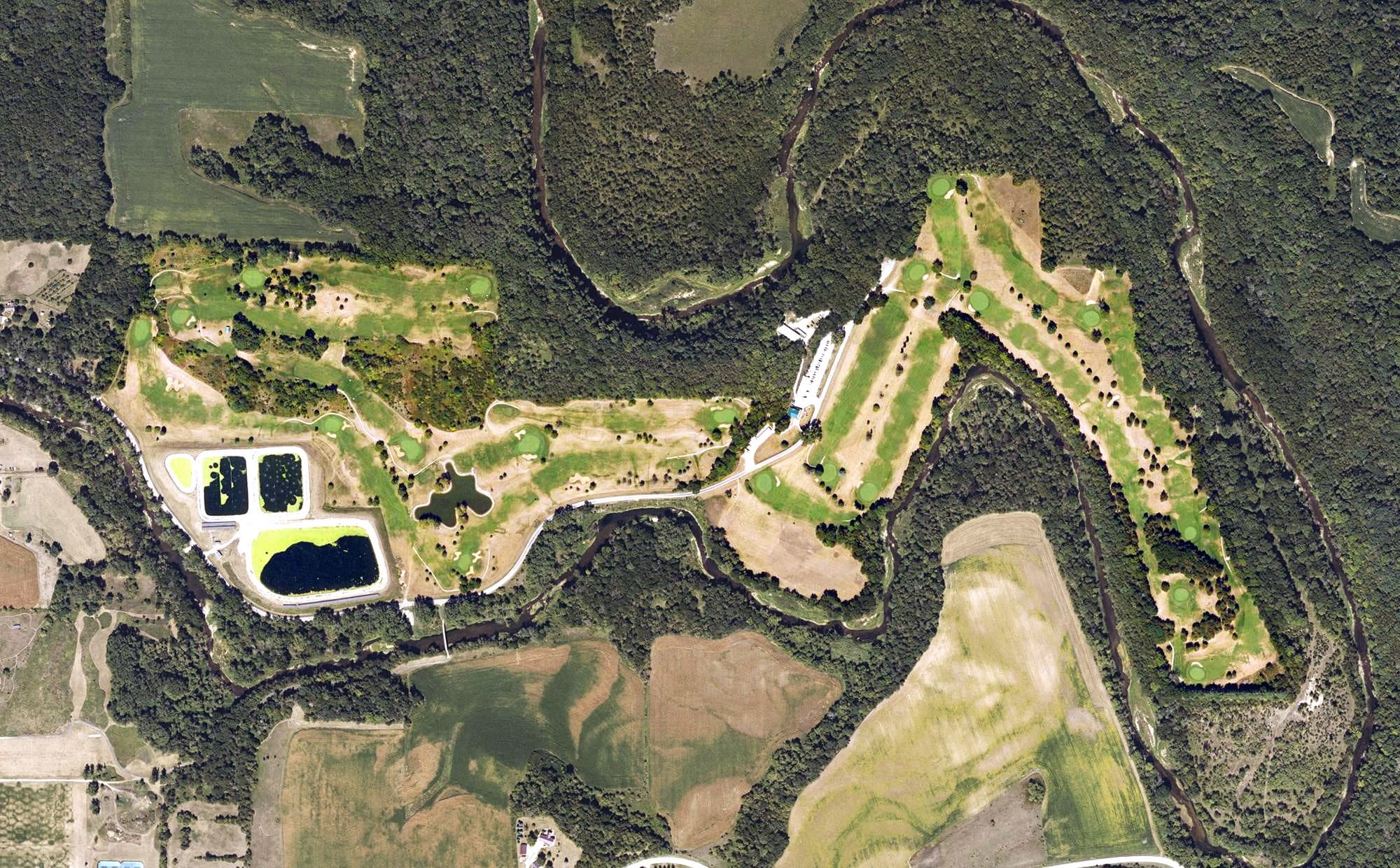 Aerial view of Big Rock Country Club, IA, with its hole routing marked