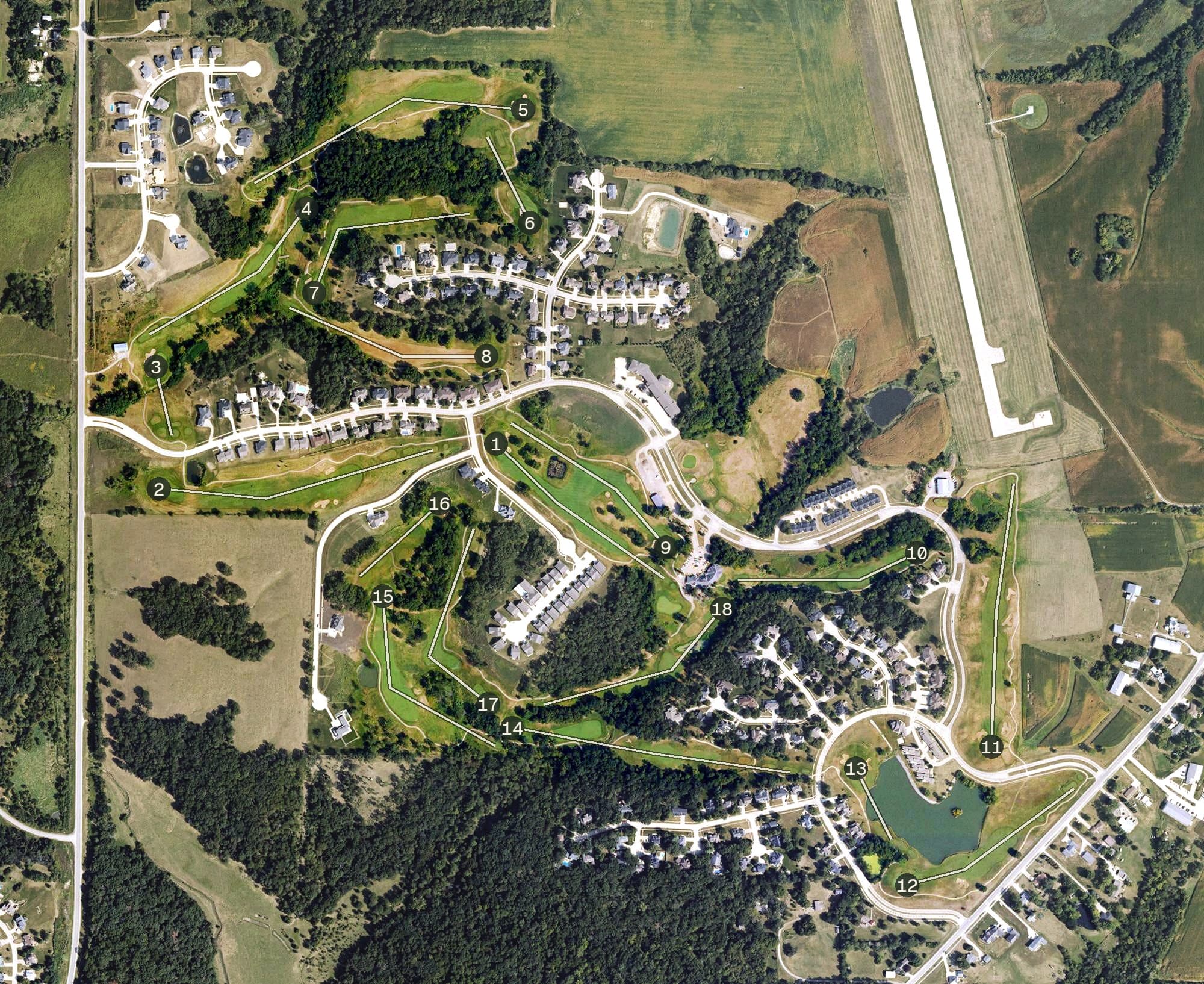 Aerial view of Bos Landen Golf Club, IA, with its hole routing marked