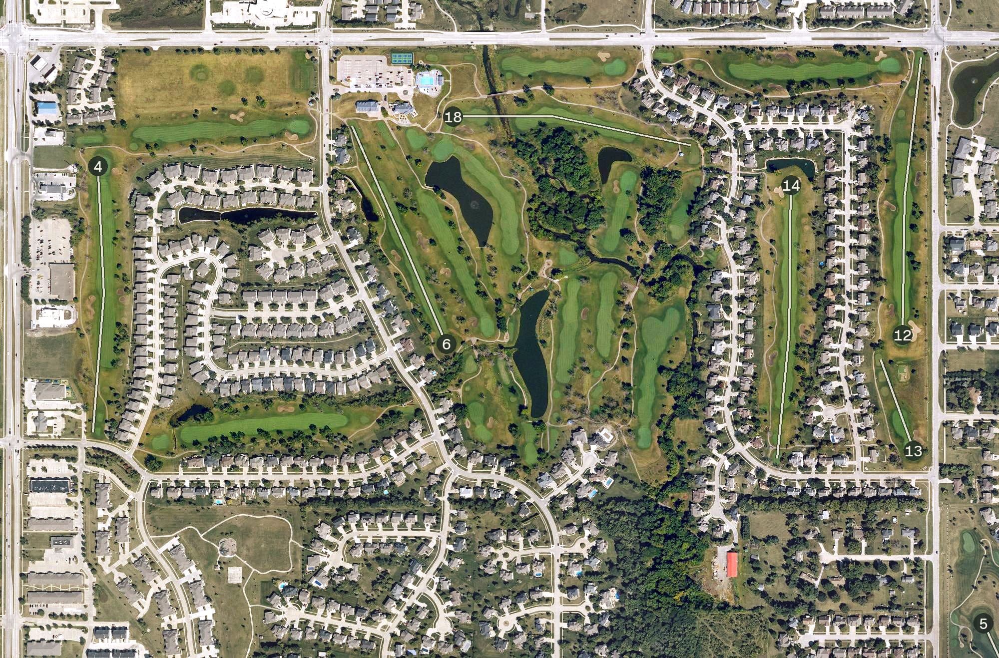 Aerial view of Briarwood Club of Ankeny, IA, with its hole routing marked