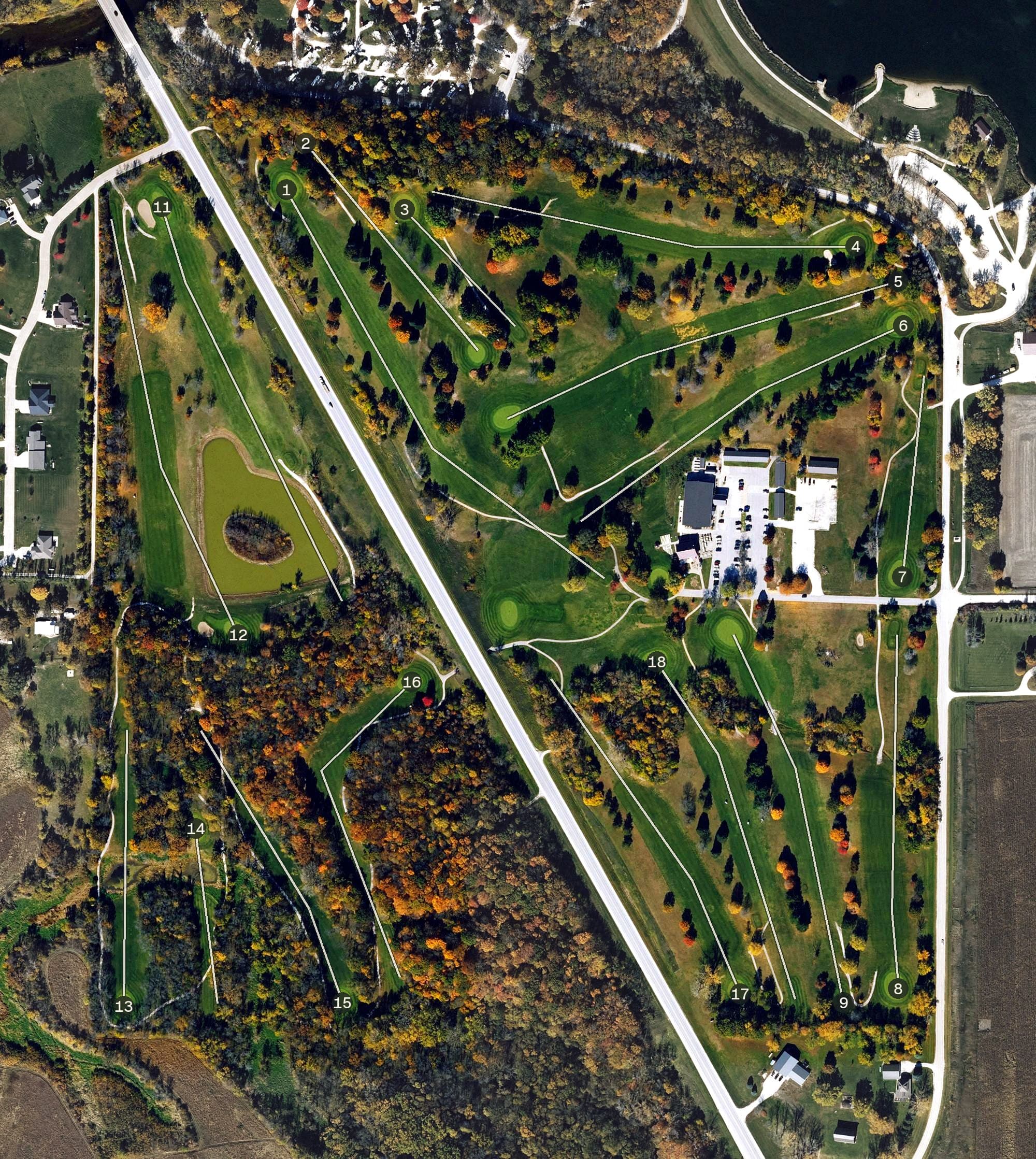 Aerial view of Briggs Woods Golf Course, IA, with its hole routing marked