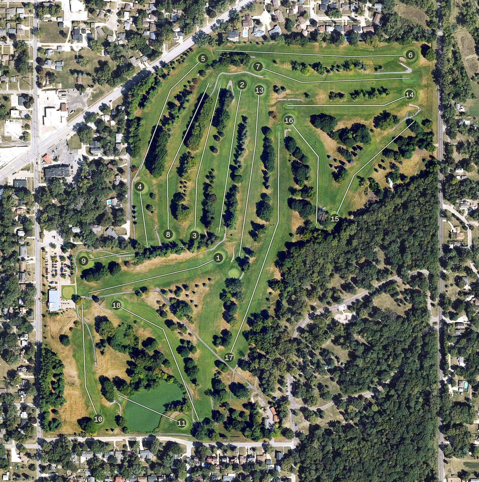 Aerial view of Bright Grandview Golf Course, IA, with its hole routing marked