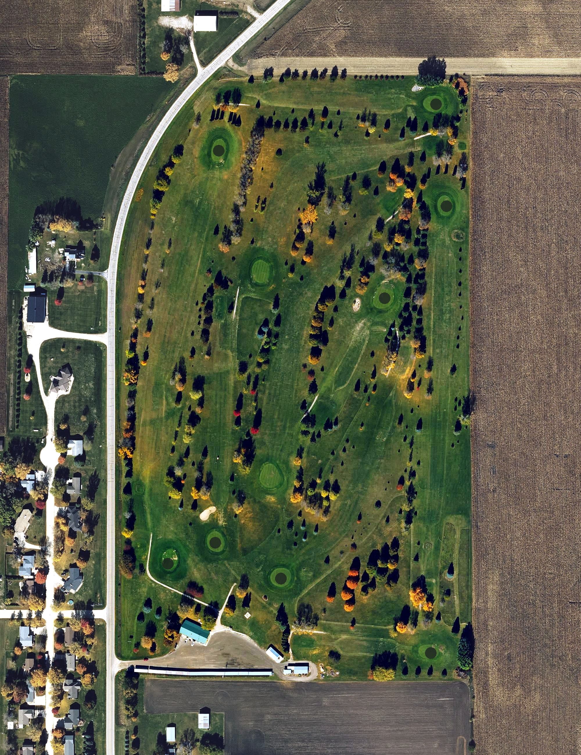 Aerial view of Britt Country Club, IA, with its hole routing marked