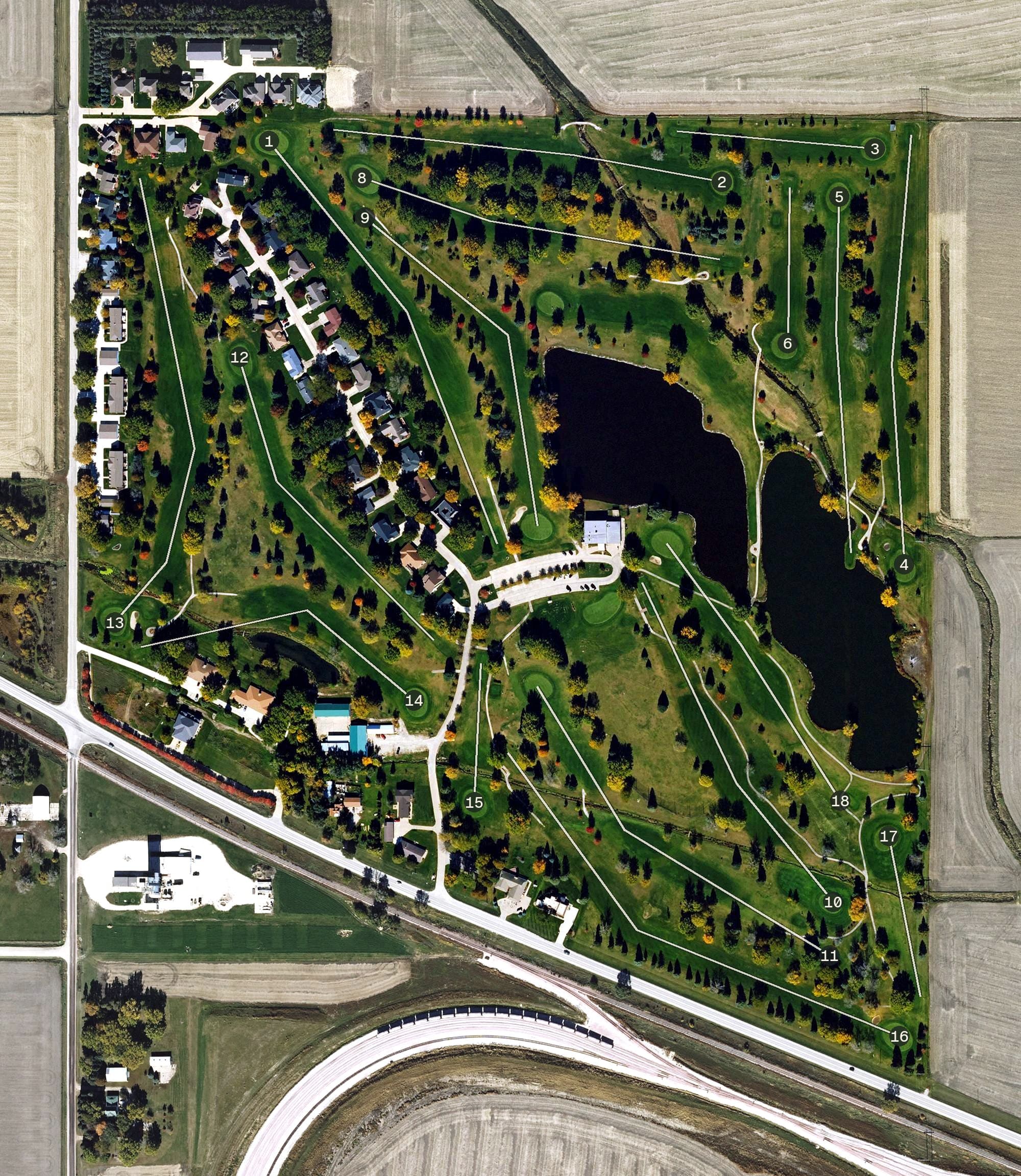 Aerial view of Buena Vista University Golf Course at Lake Creek, IA, with its hole routing marked