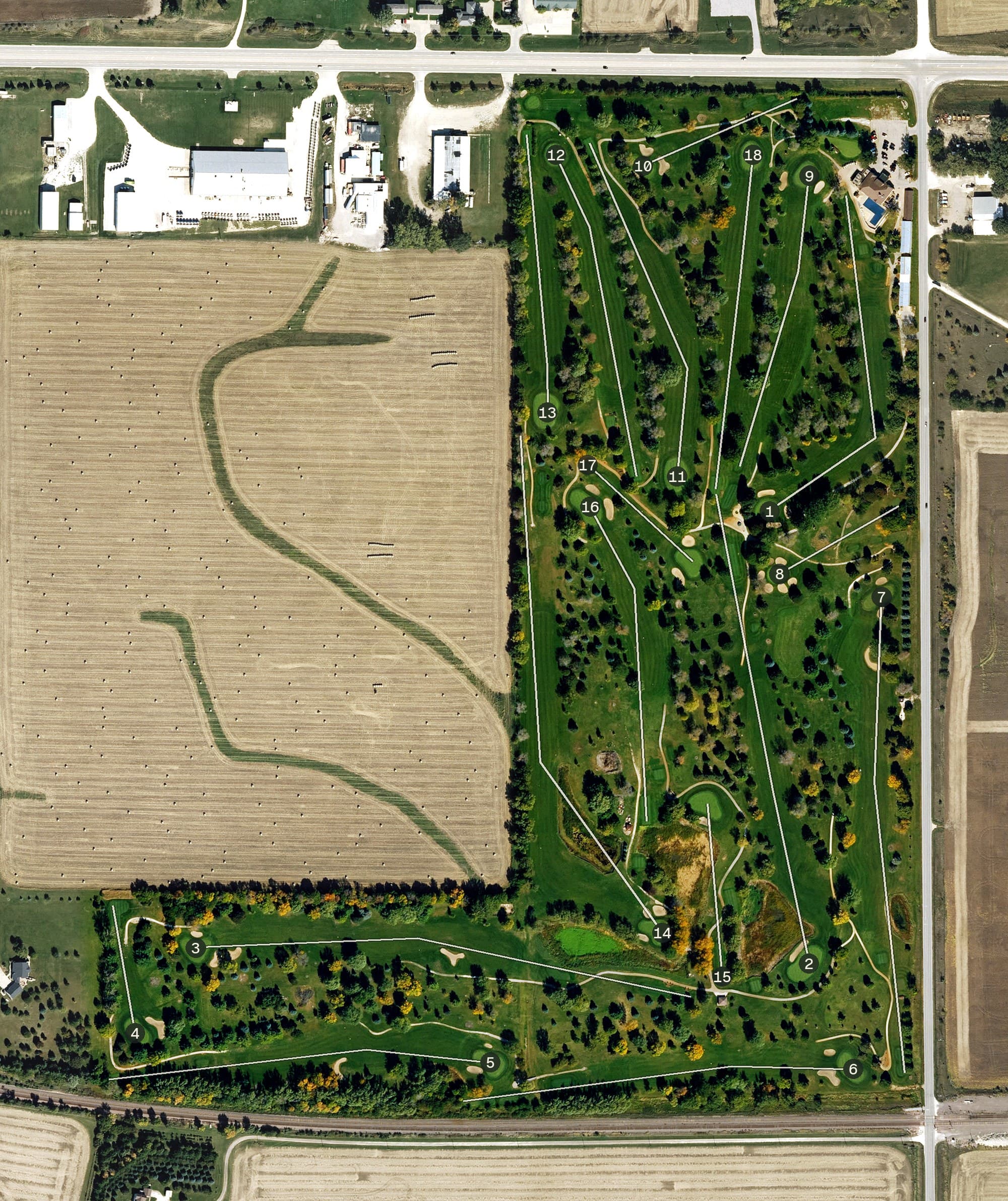 Aerial view of Carroll Country Club, IA, with its hole routing marked