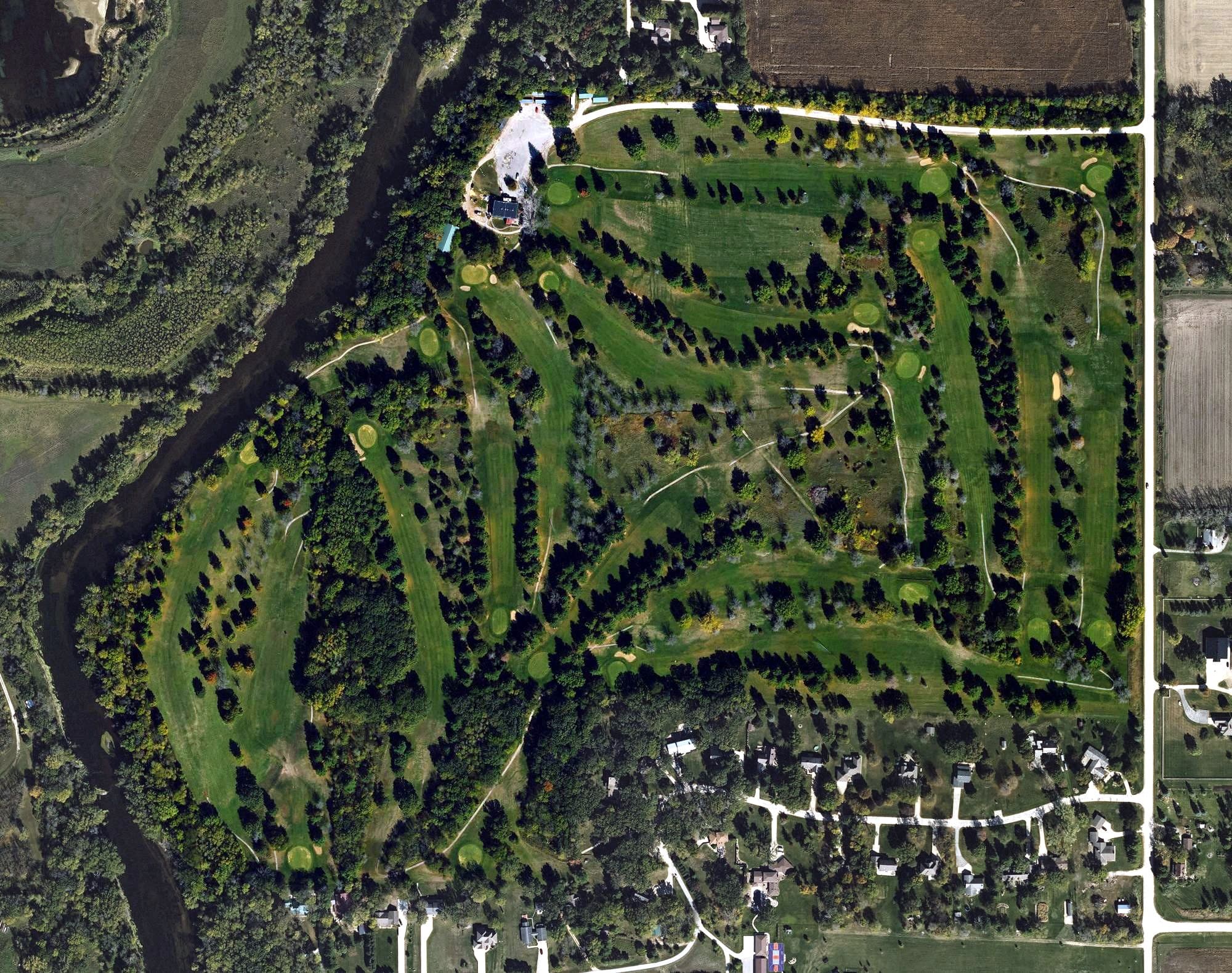 Aerial view of Cedar Bend Golf Course, IA, with its hole routing marked