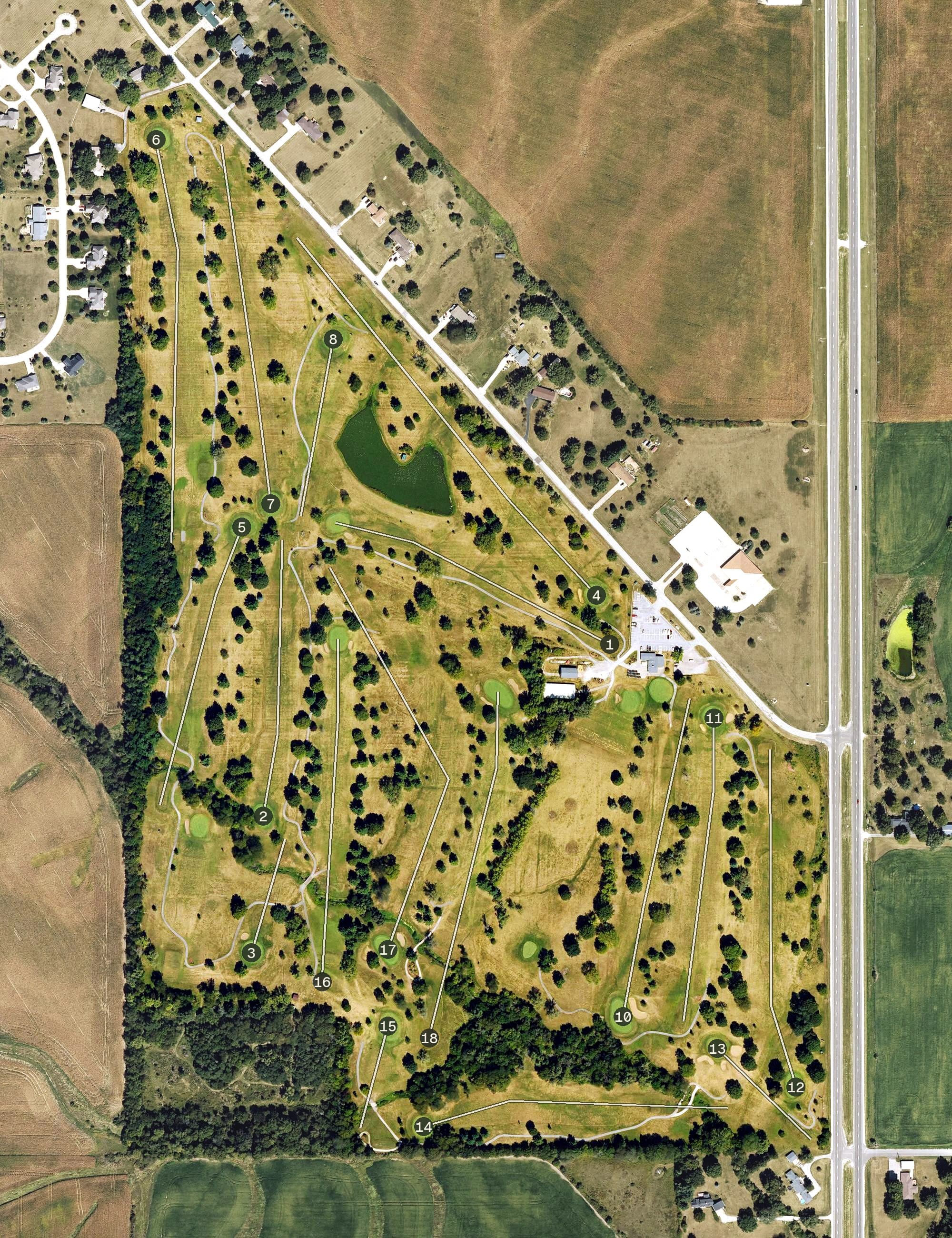 Aerial view of Cedar Creek Golf Course, IA, with its hole routing marked