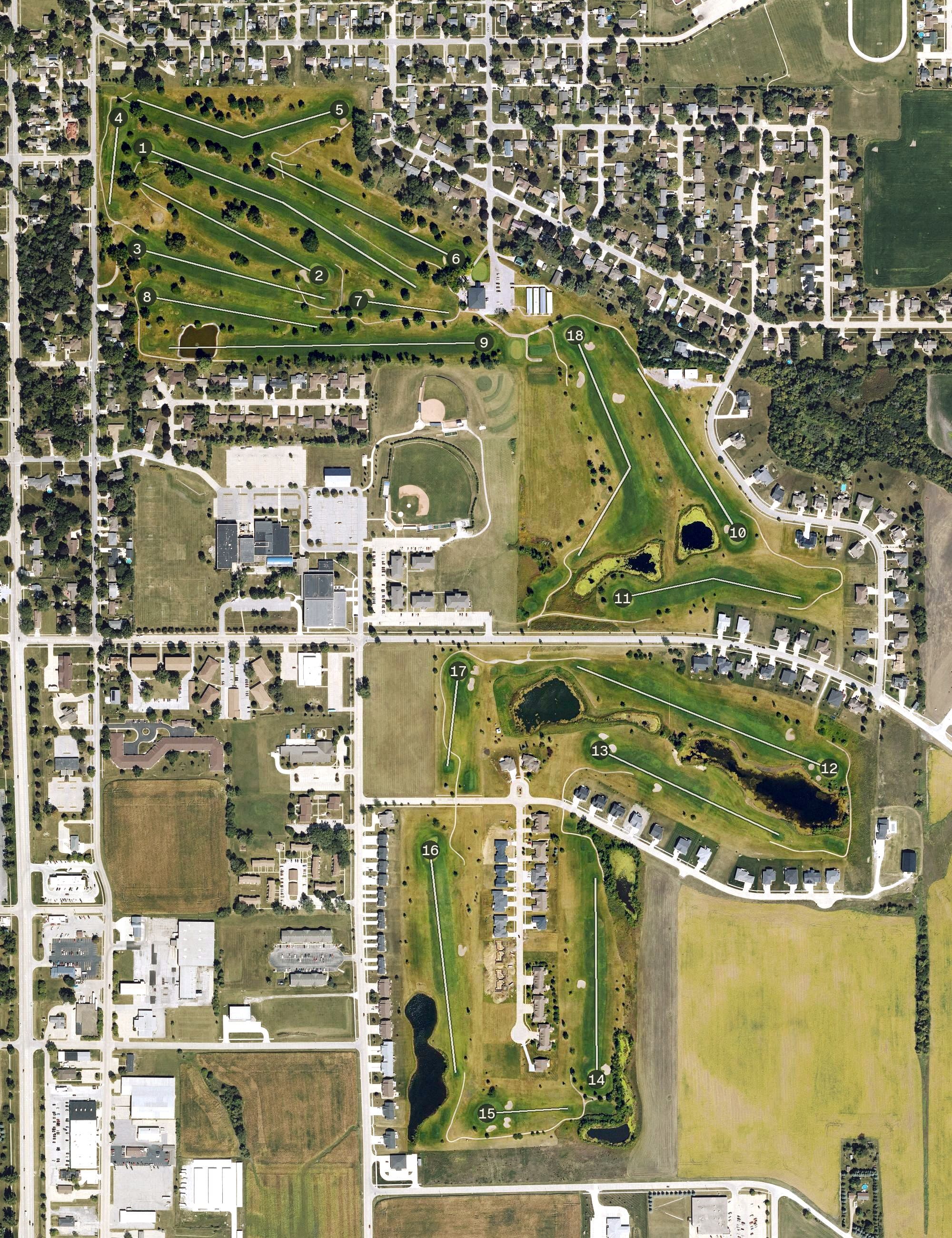 Aerial view of Cedar Pointe Golf Course, IA, with its hole routing marked