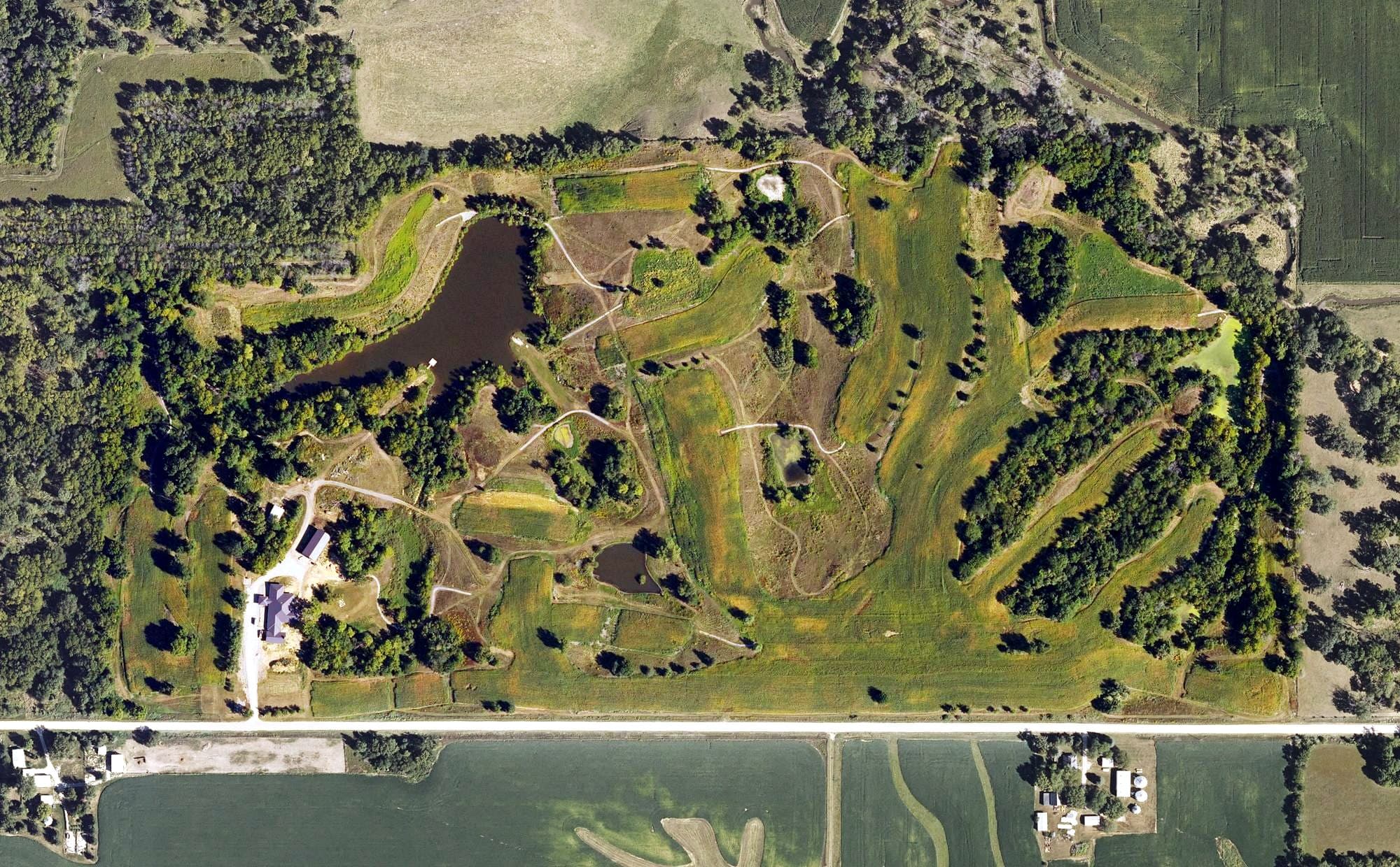 Aerial view of Cedar Valley Golf Course, IA, with its hole routing marked
