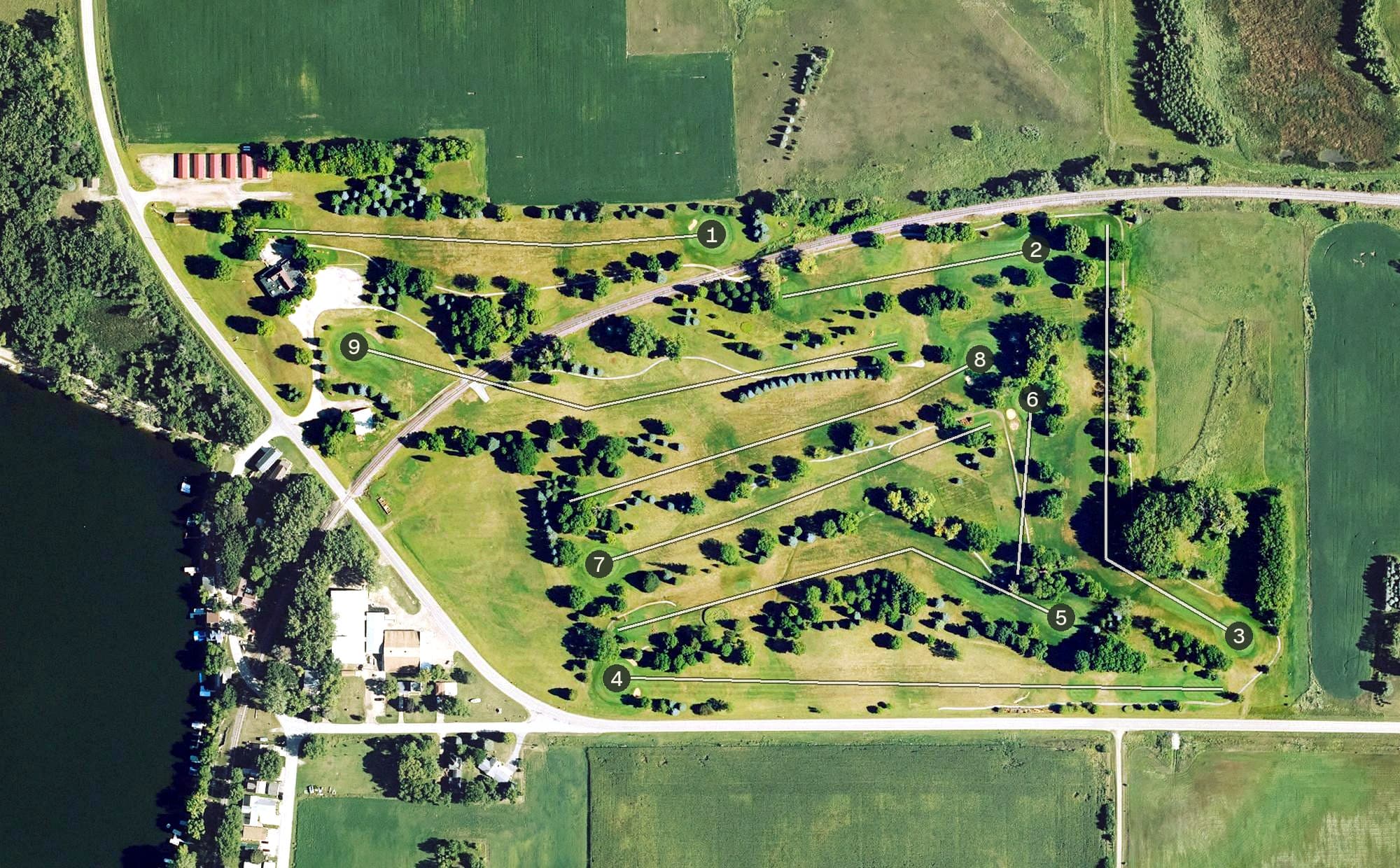 Aerial view of Clarmond Country Club, IA, with its hole routing marked