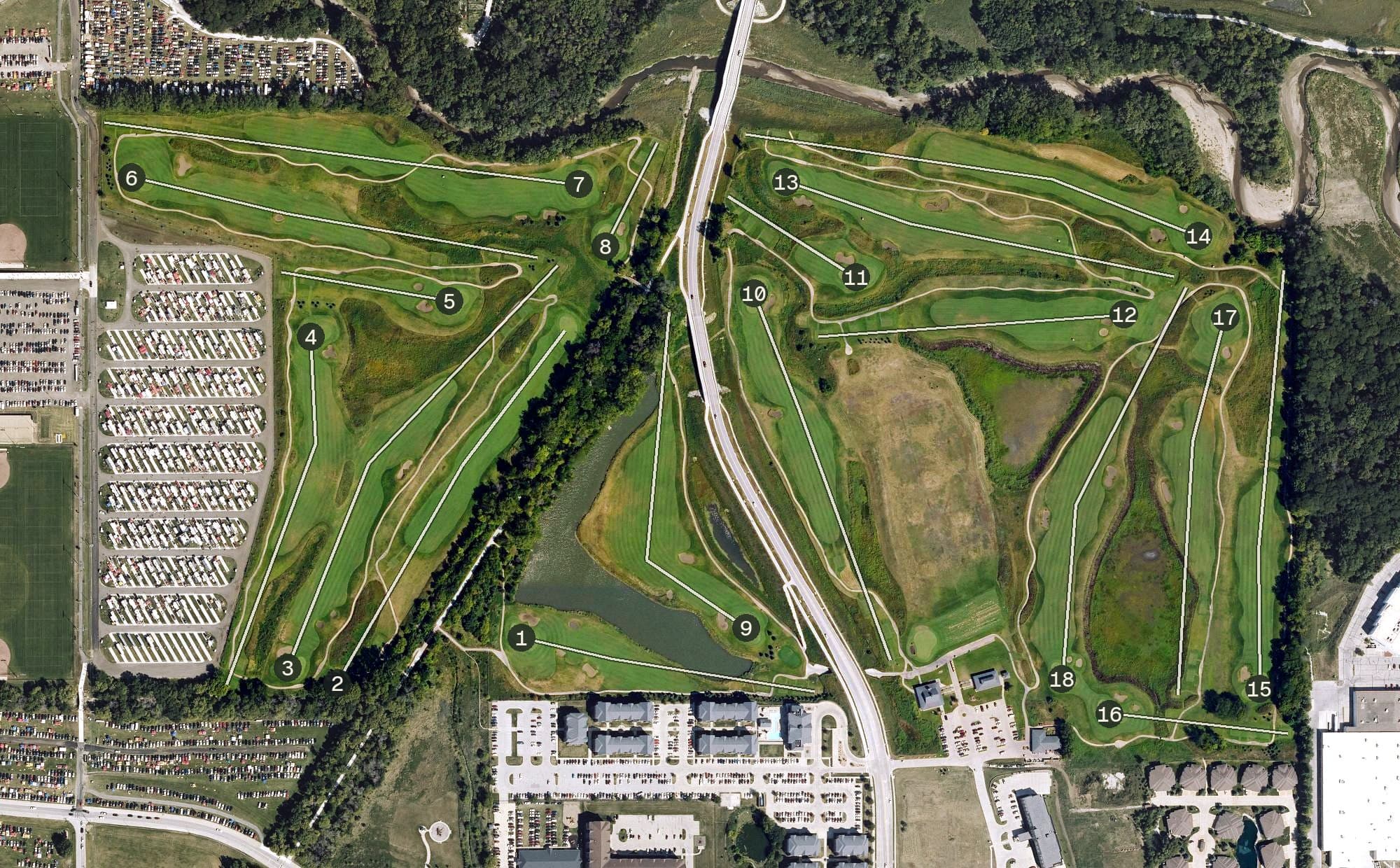 Aerial view of Coldwater Golf Links, IA, with its hole routing marked
