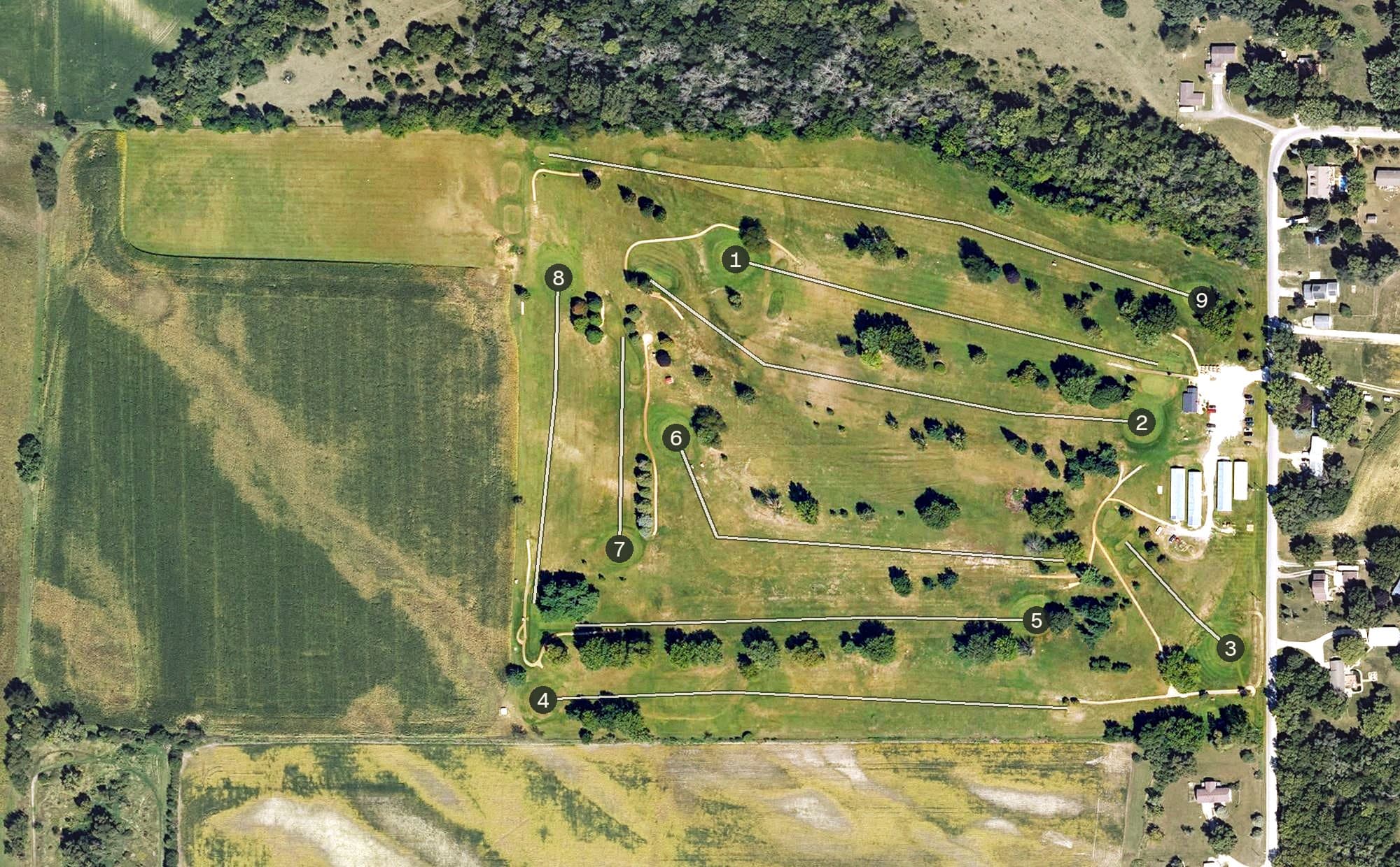 Aerial view of Colfax Golf Club, IA, with its hole routing marked