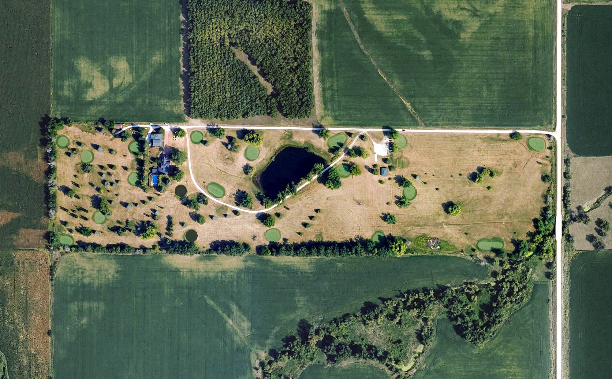 Aerial view of Collison Par 3 Golf Course, IA, with its hole routing marked