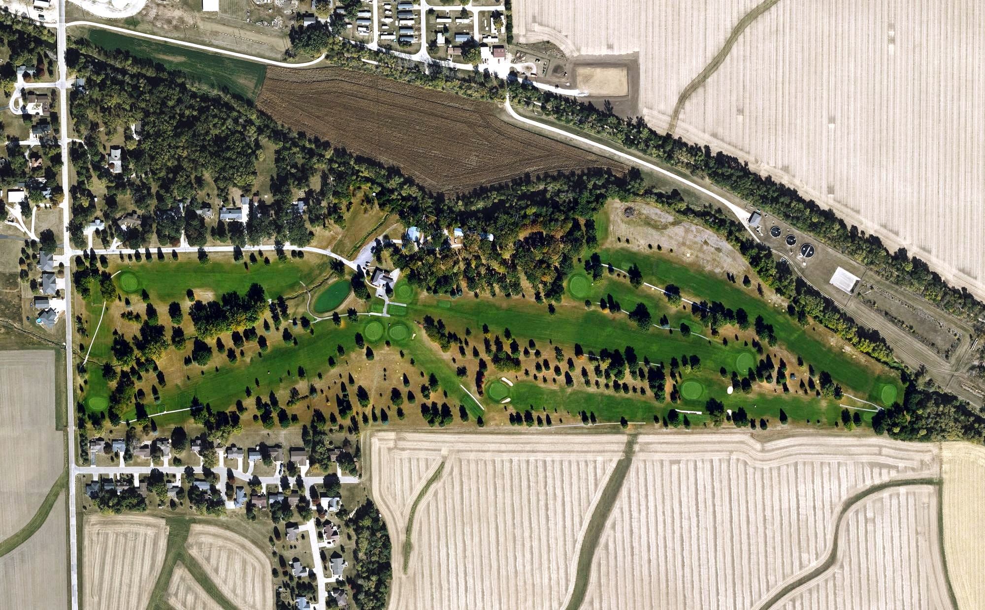 Aerial view of Conrad Golf Course, IA, with its hole routing marked