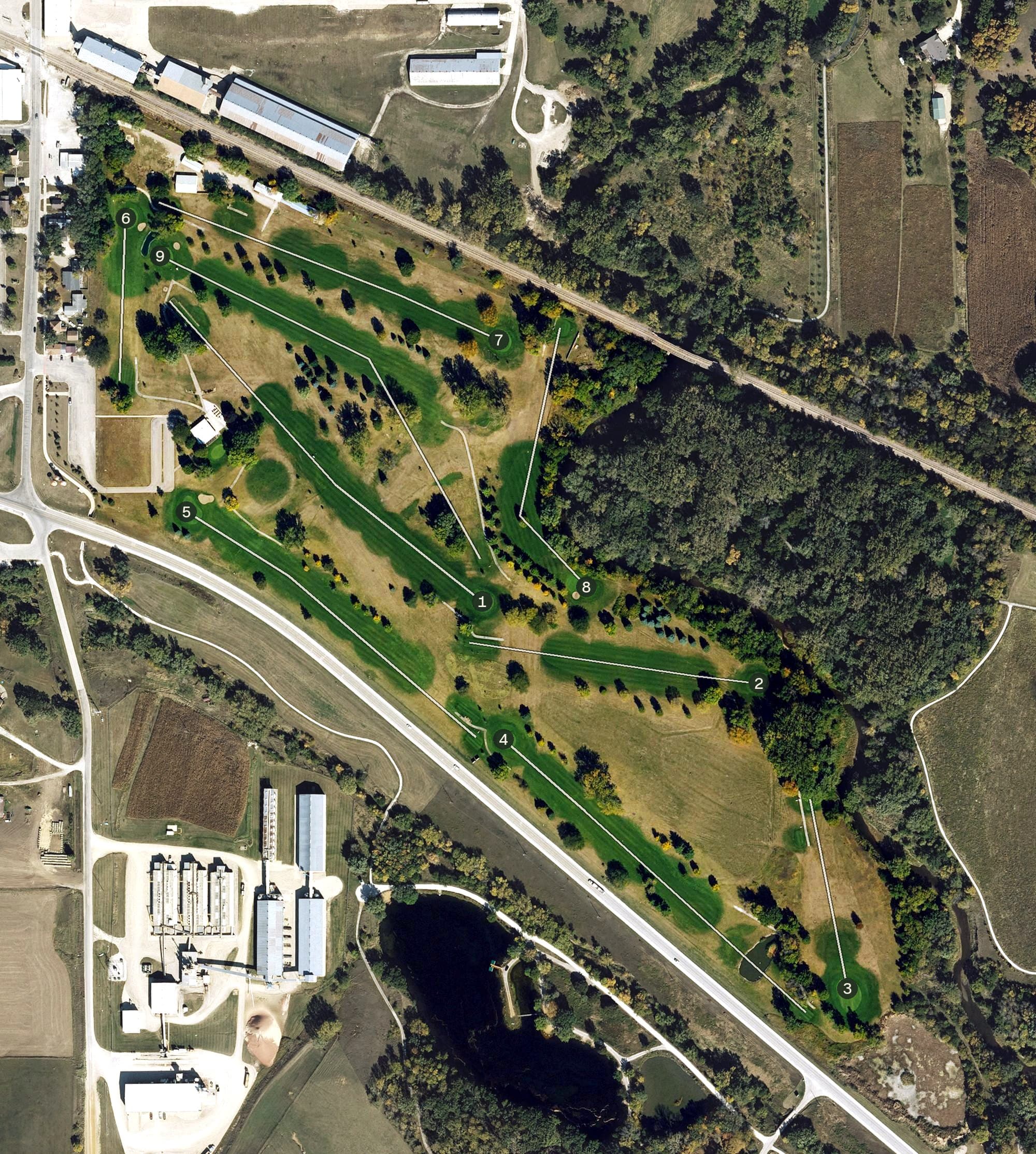 Aerial view of Coon Rapids Country Club, IA, with its hole routing marked