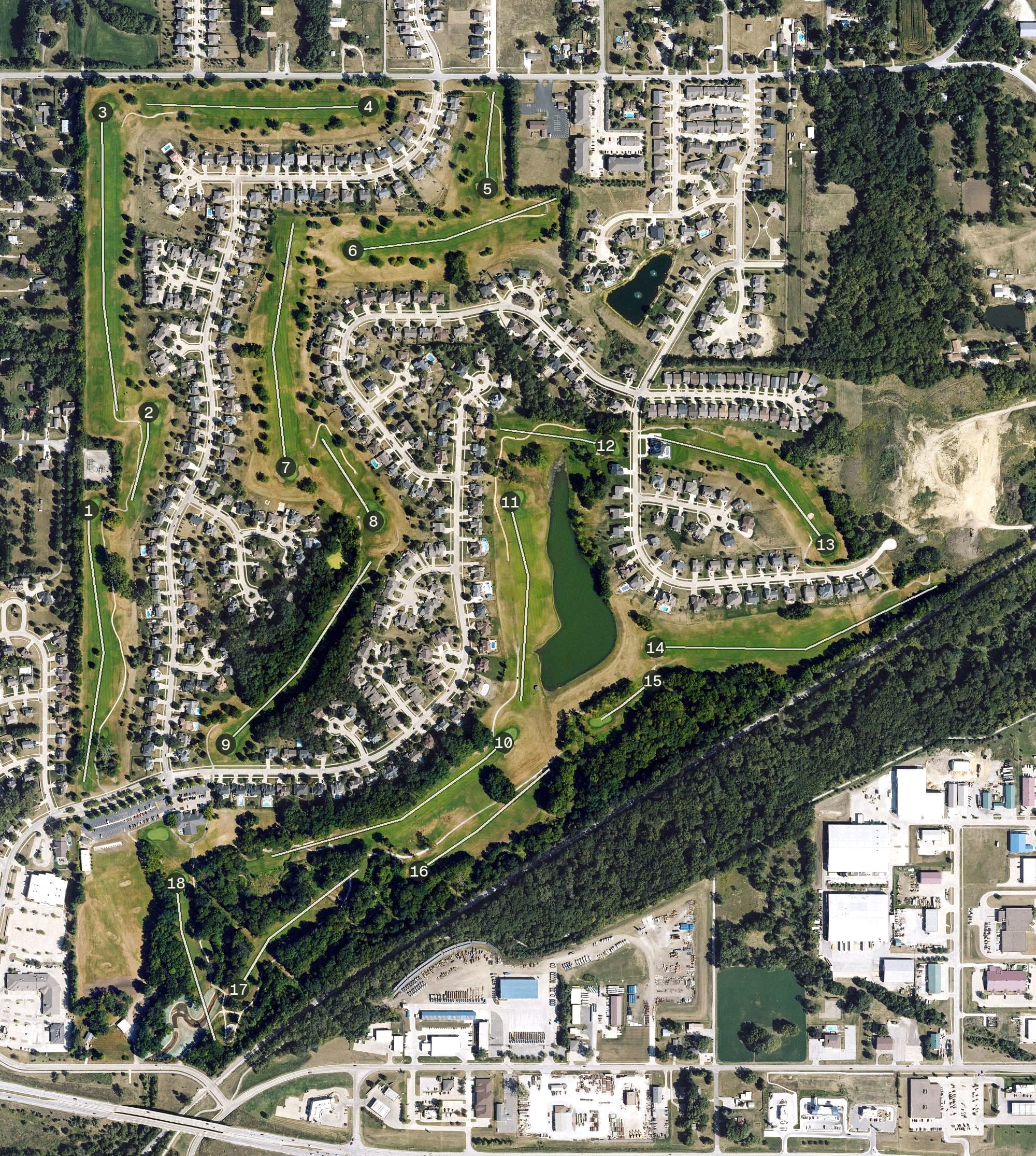 Aerial view of Copper Creek Golf Course, IA, with its hole routing marked