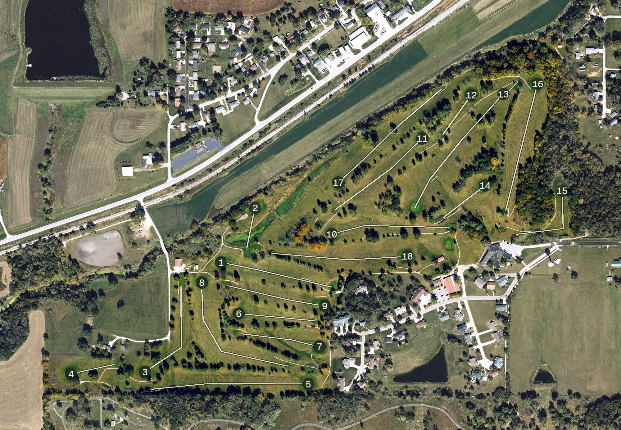 Aerial view of Crestwood Golf Club, IA, with its hole routing marked