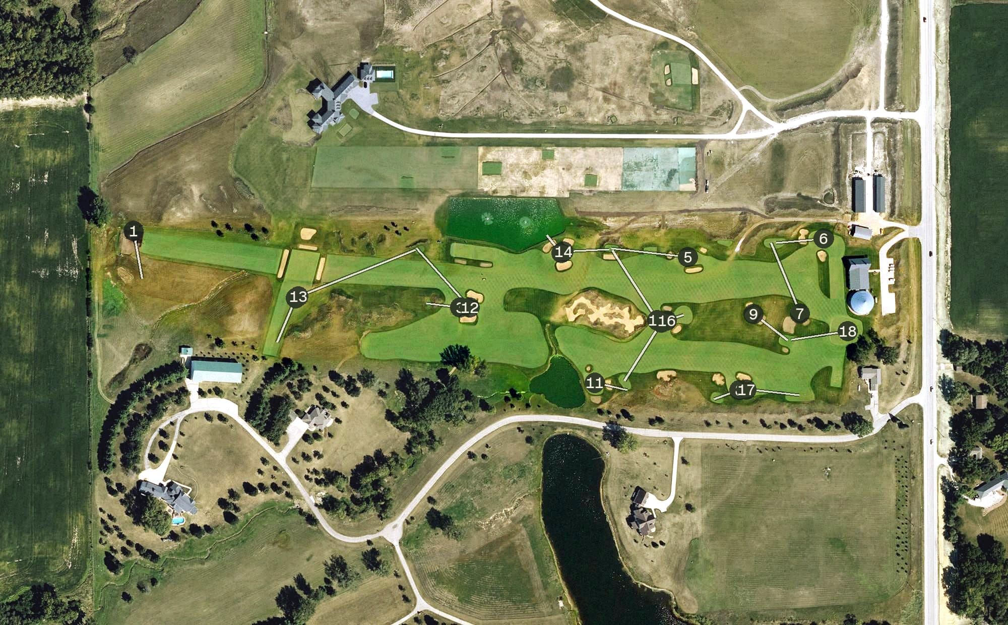 Aerial view of Cyclone golf performance center, IA, with its hole routing marked
