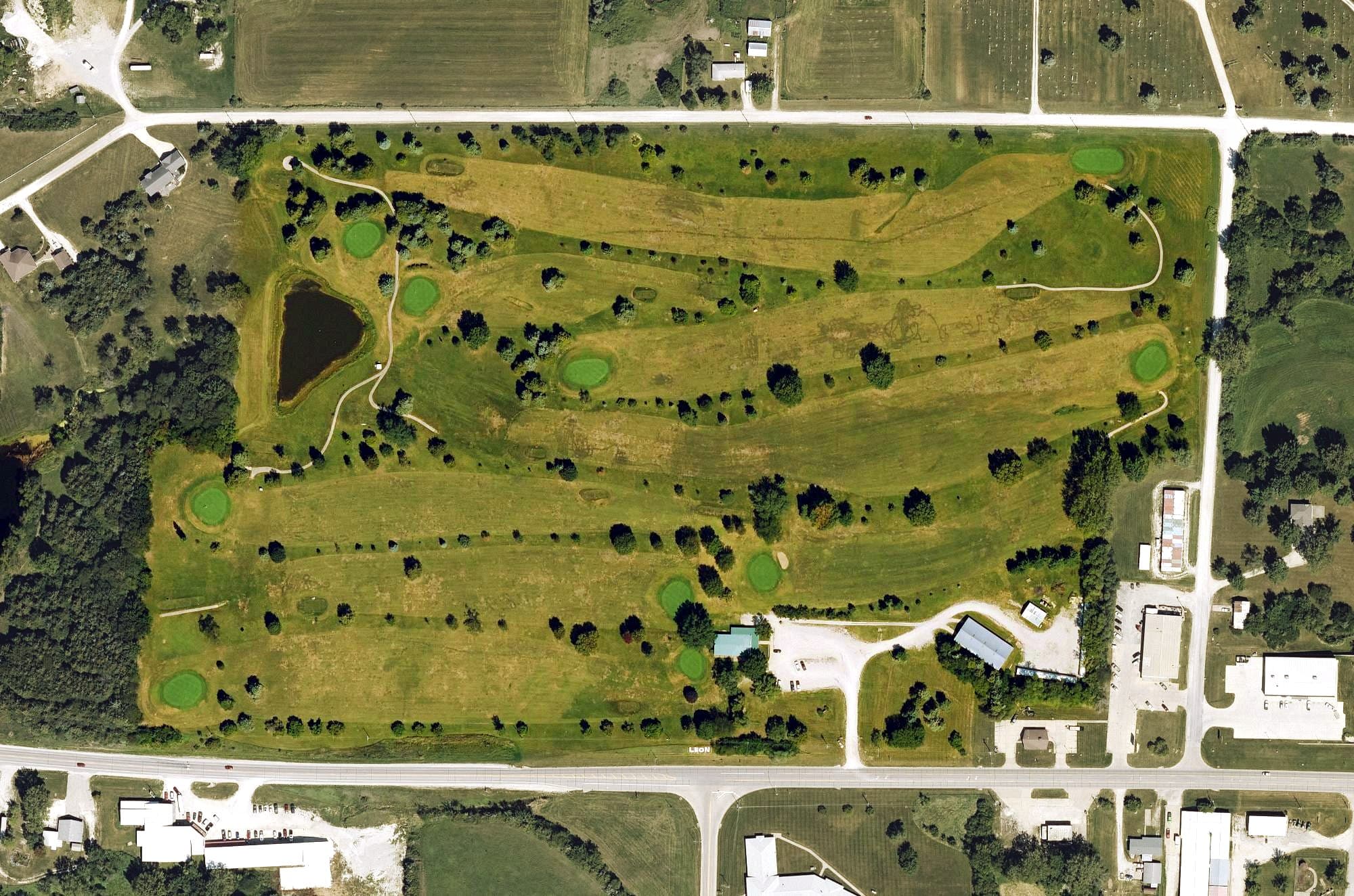 Aerial view of Decatur County Golf and Country Club, IA, with its hole routing marked